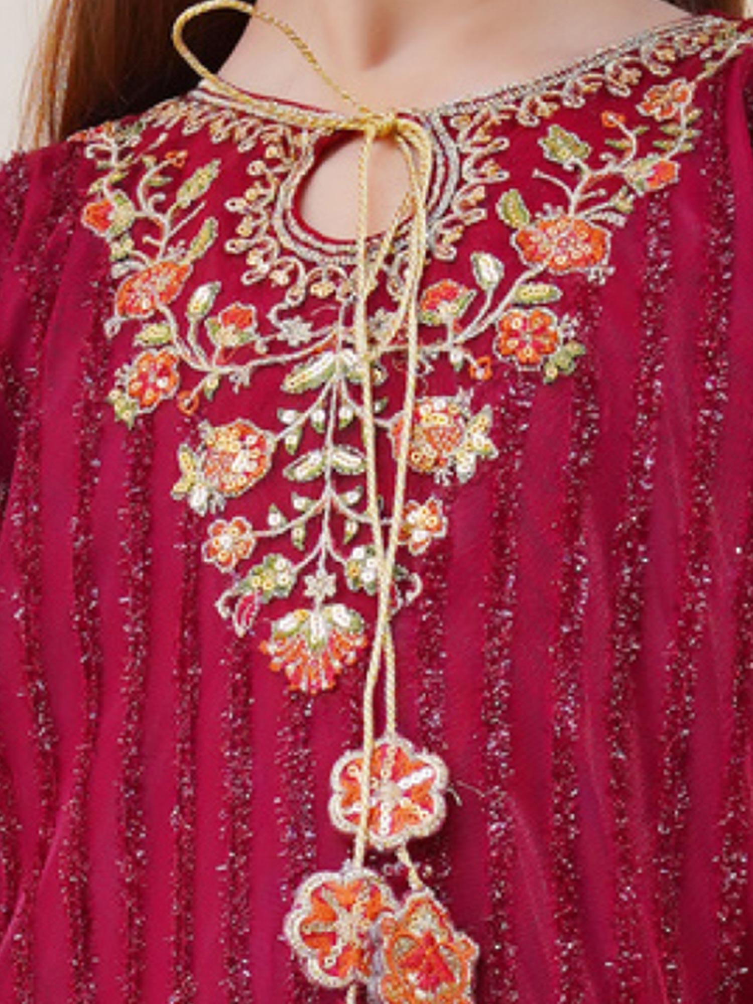 Kids Embroidered Net 3-Piece Suit with Silk Sharara - Maroon