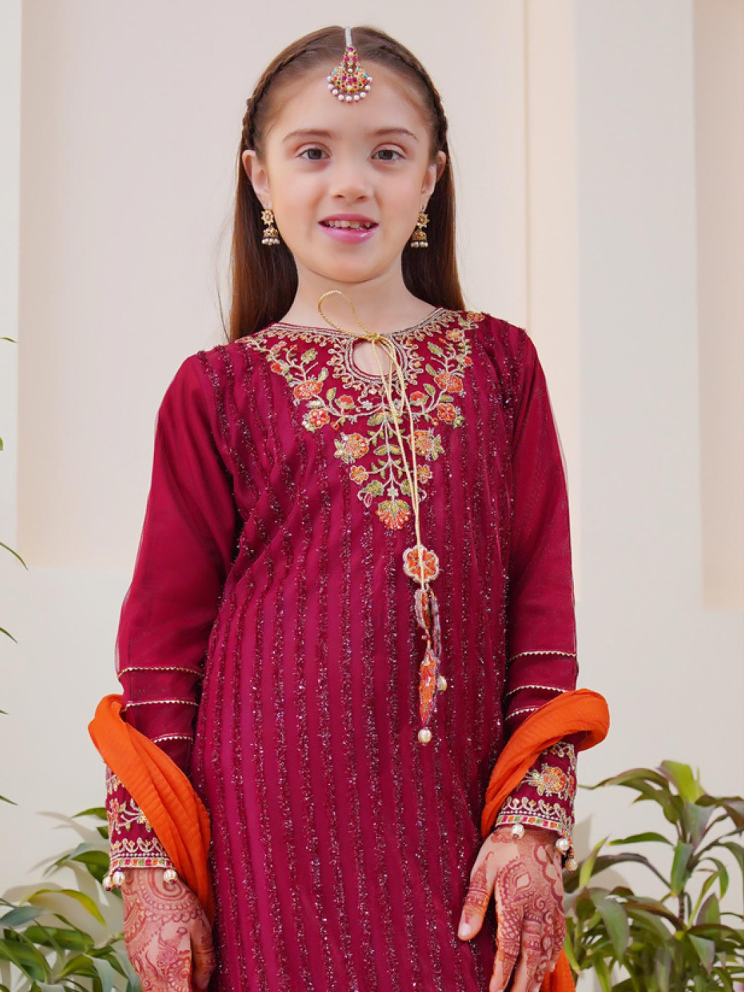 Kids Embroidered Net 3-Piece Suit with Silk Sharara - Maroon