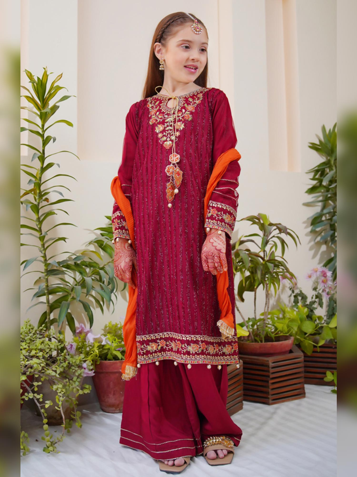 Kids Embroidered Net 3-Piece Suit with Silk Sharara - Maroon