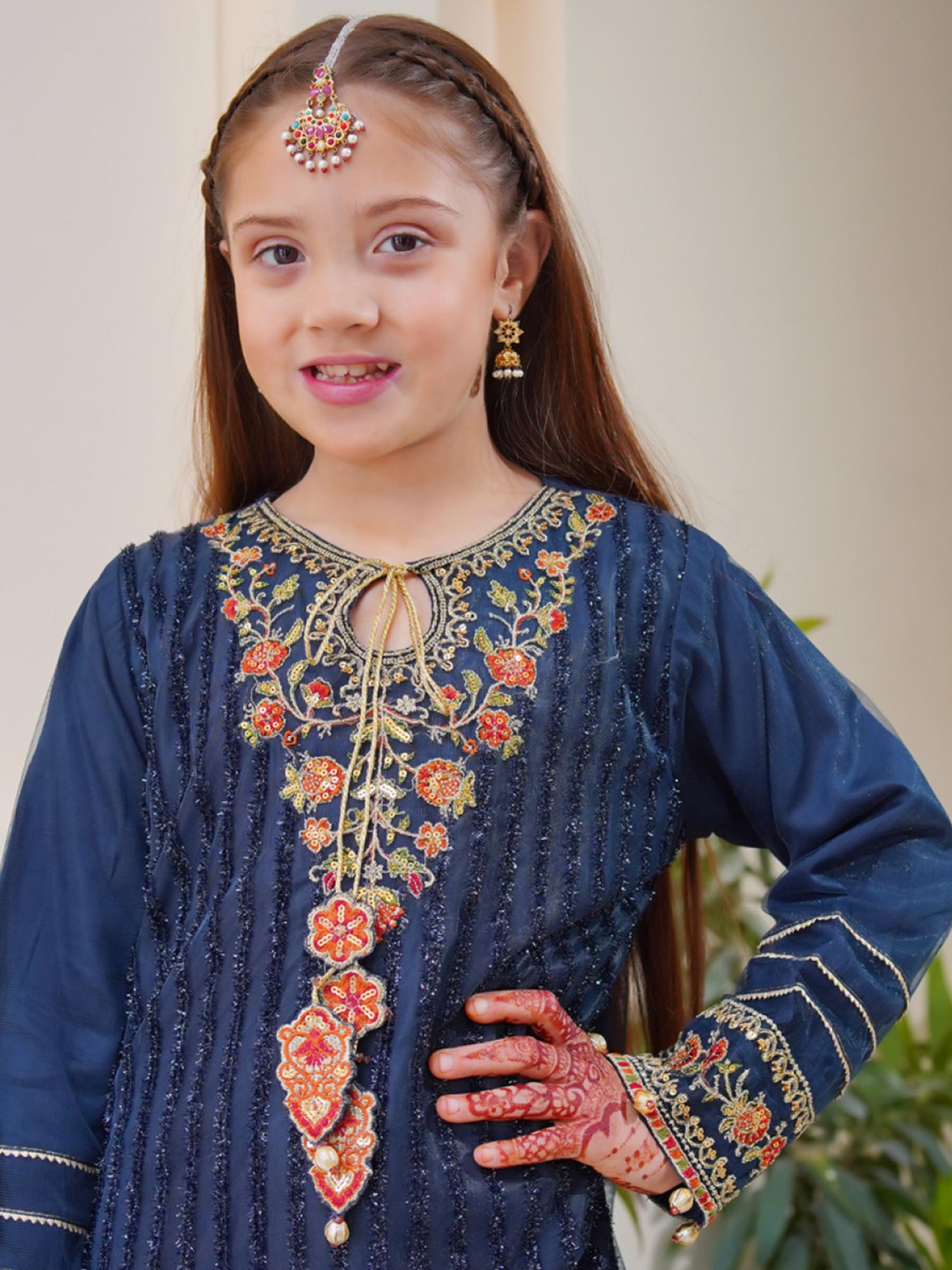 Kids Embroidered Net 3-Piece Suit with Silk Sharara - Dark Blue
