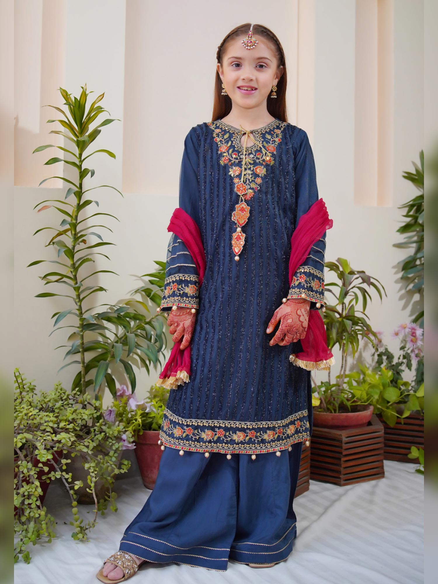 Kids Embroidered Net 3-Piece Suit with Silk Sharara - Dark Blue