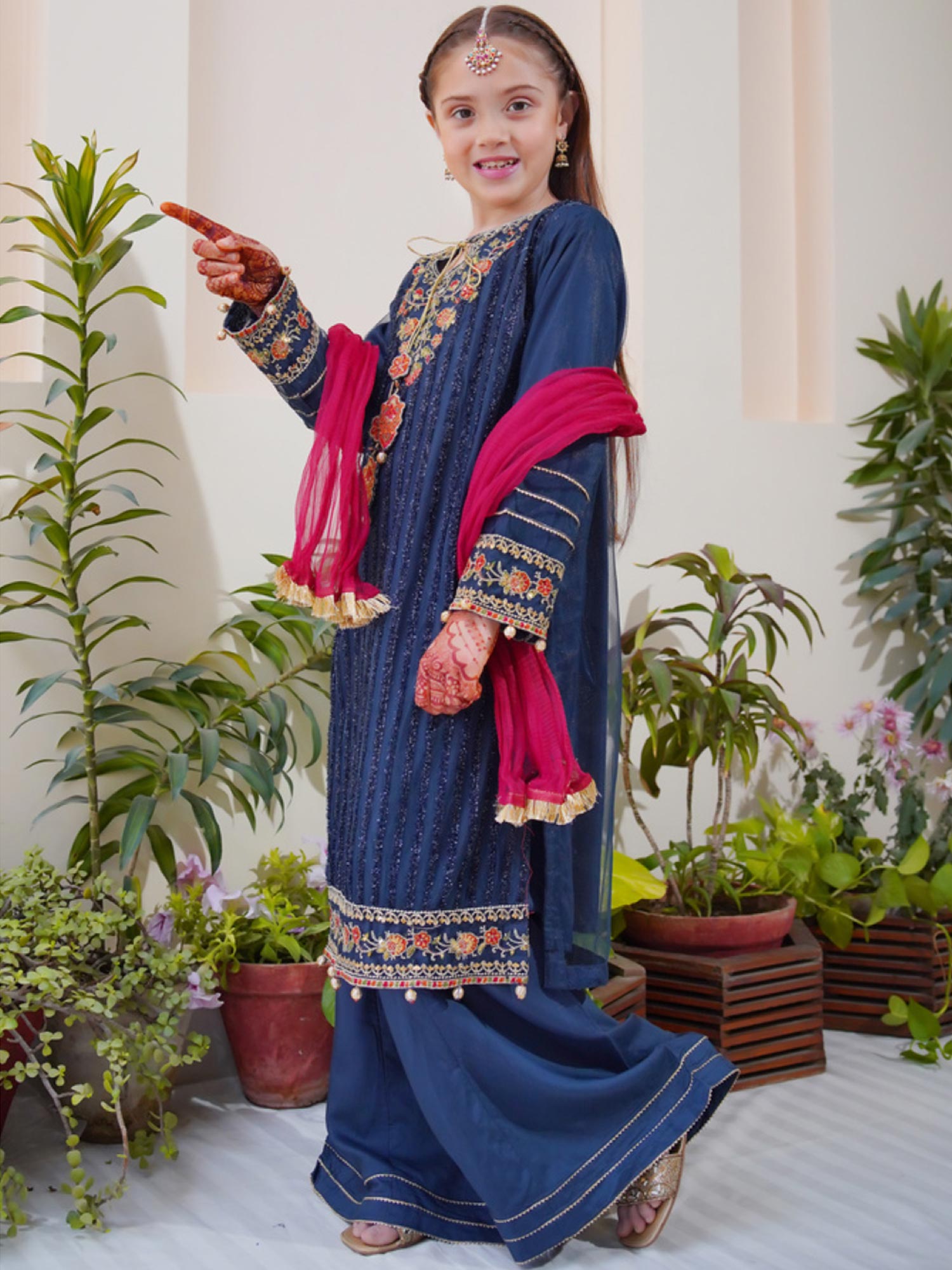 Kids Embroidered Net 3-Piece Suit with Silk Sharara - Dark Blue