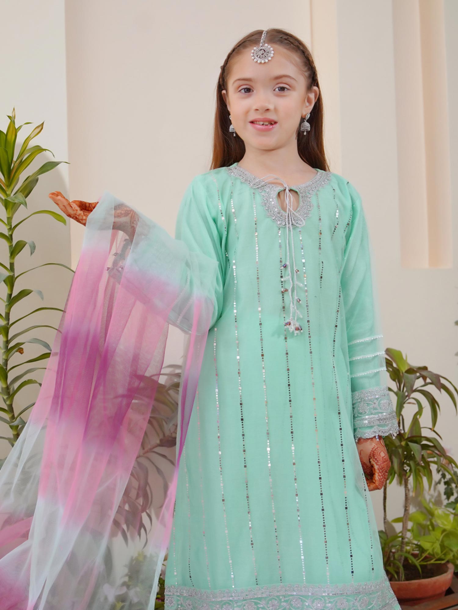 Kids Embroidered Net 3-Piece Suit with Silk Gharara - Aqua
