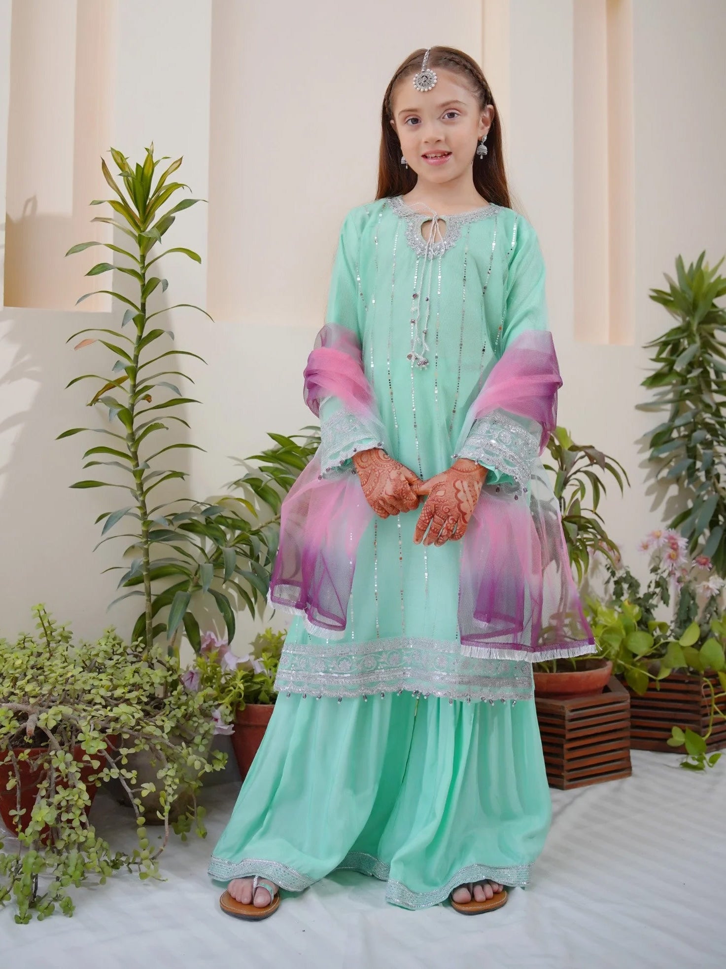 Kids Embroidered Net 3-Piece Suit with Silk Gharara - Aqua