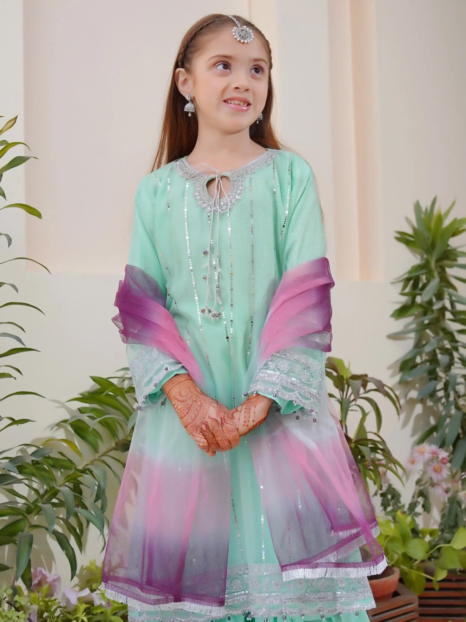 Kids Embroidered Net 3-Piece Suit with Silk Gharara - Aqua