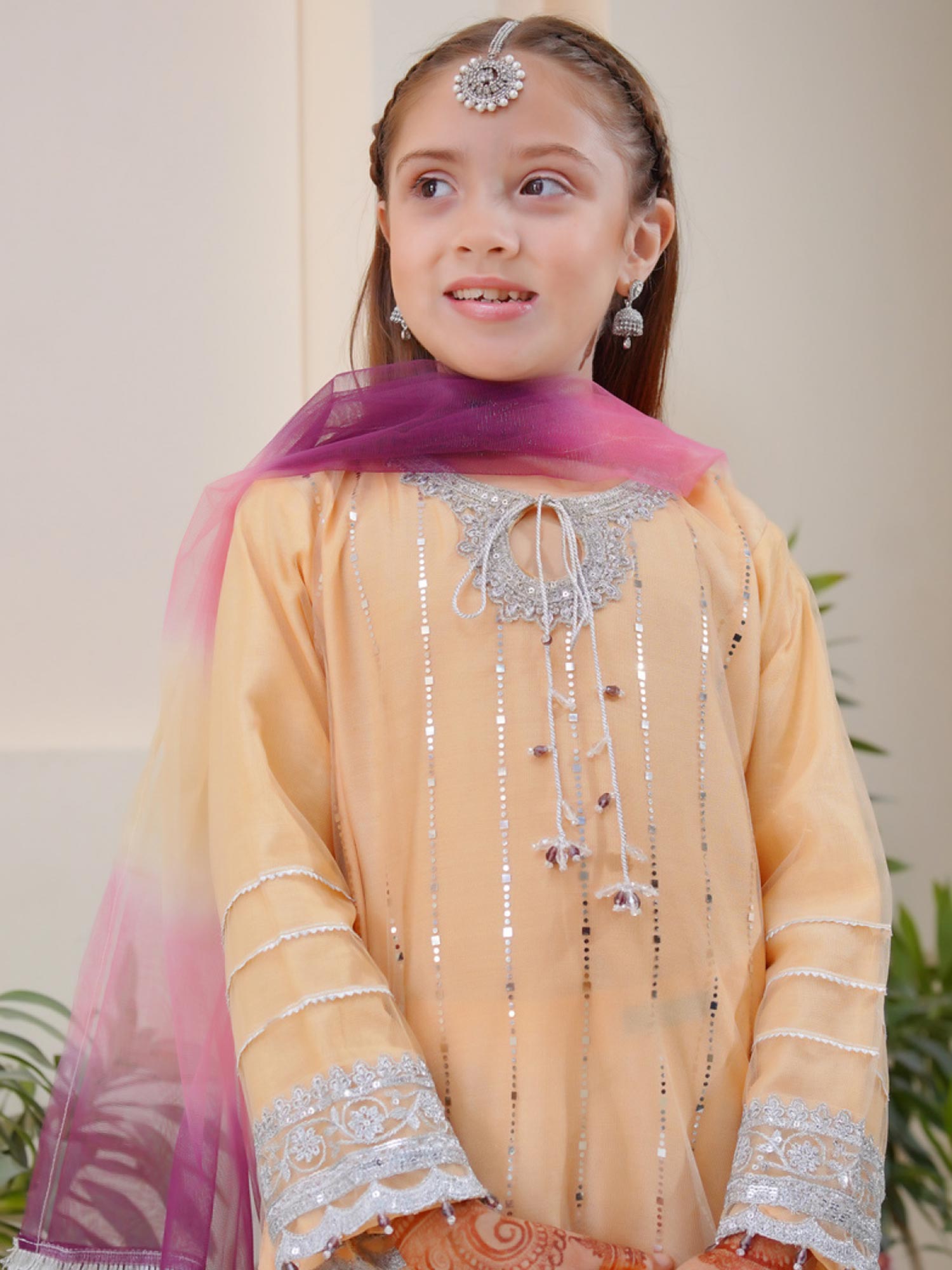 Kids Embroidered Net 3-Piece Suit with Silk Gharara - Golden