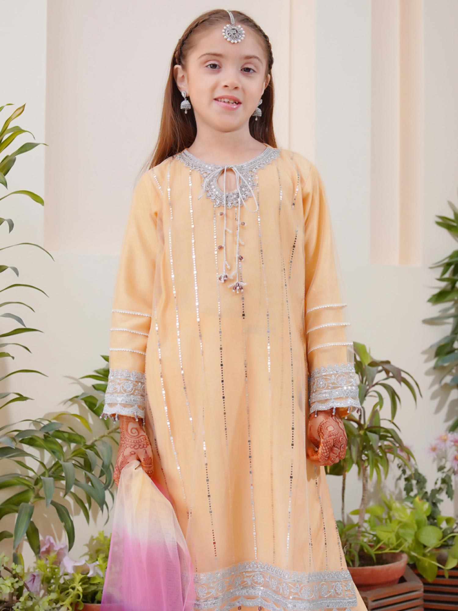 Kids Embroidered Net 3-Piece Suit with Silk Gharara - Golden