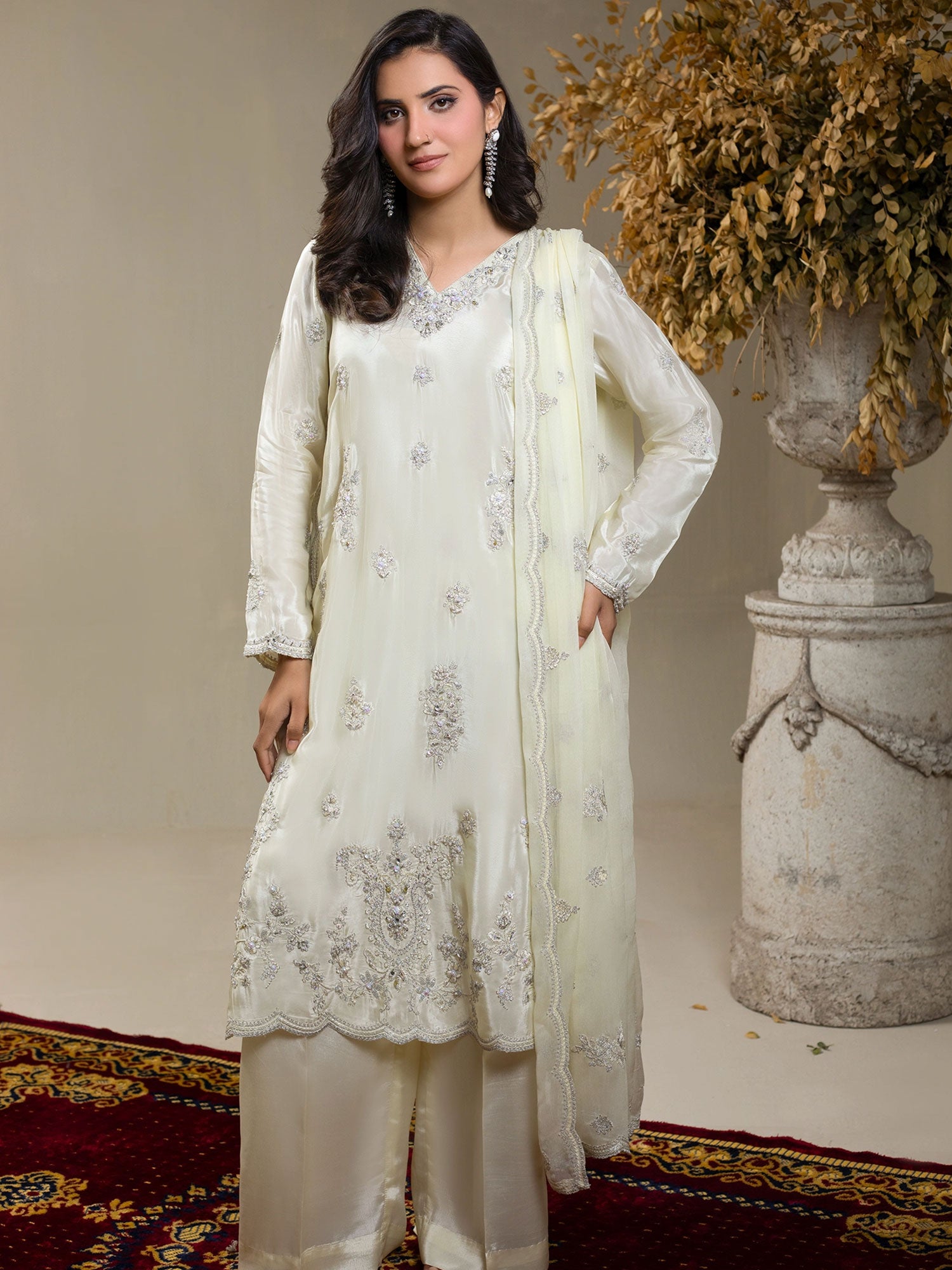 SIFA Off White Embellished Silk 3-Piece Suit