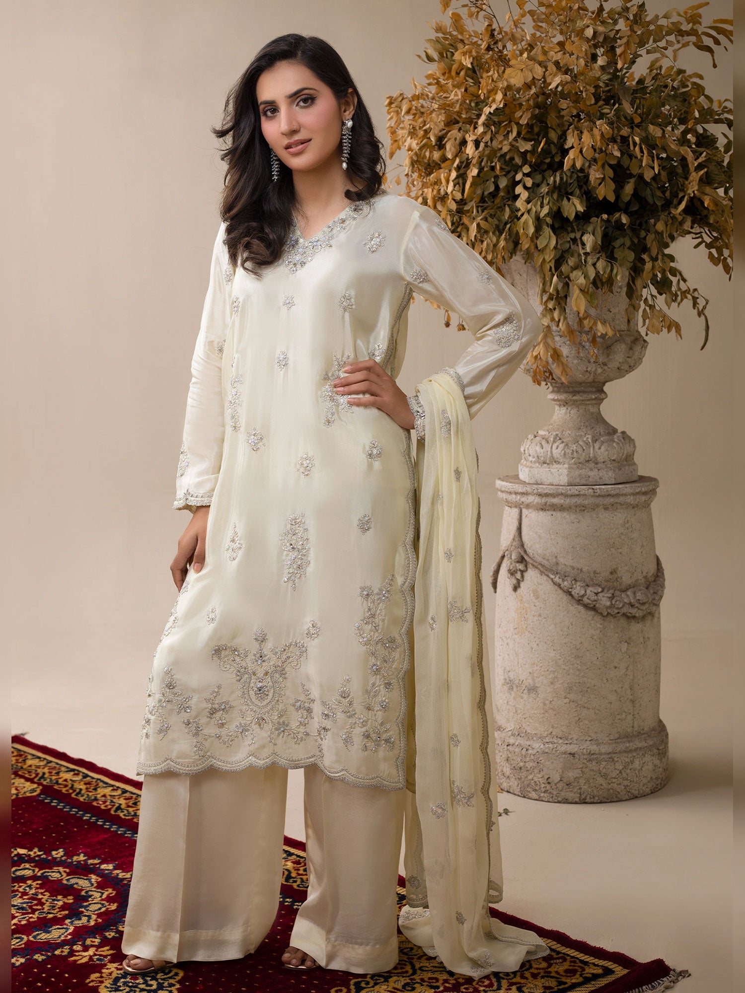 SIFA Off White Embellished Silk 3-Piece Suit