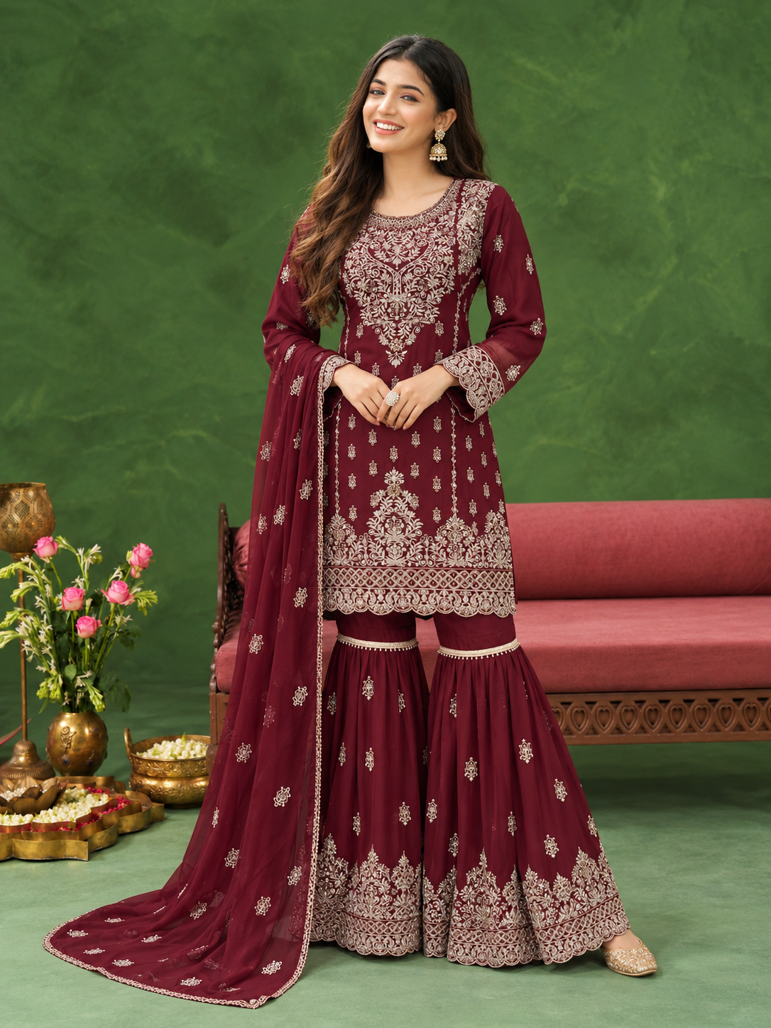 Chiffon Embroidered Gharara 3-Piece Suit - Maroon