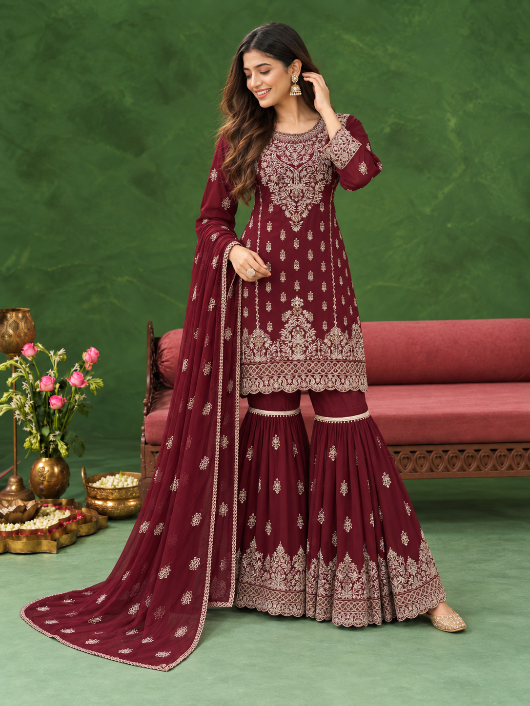 Chiffon Embroidered Gharara 3-Piece Suit - Maroon