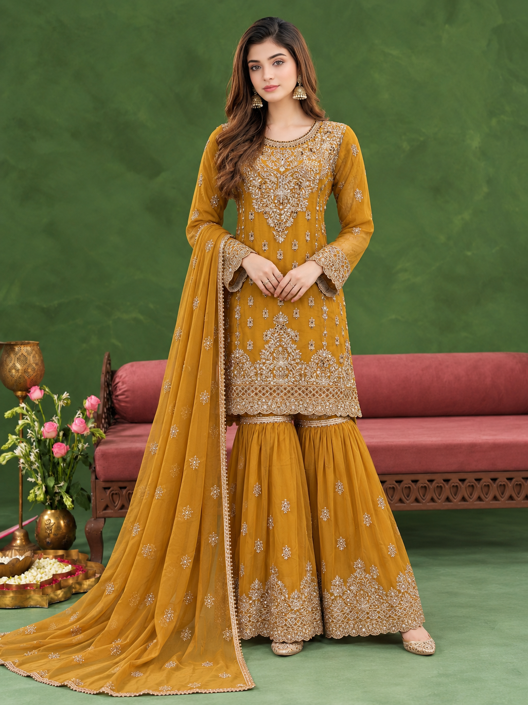 Chiffon Embroidered Gharara 3-Piece Suit - Mustard