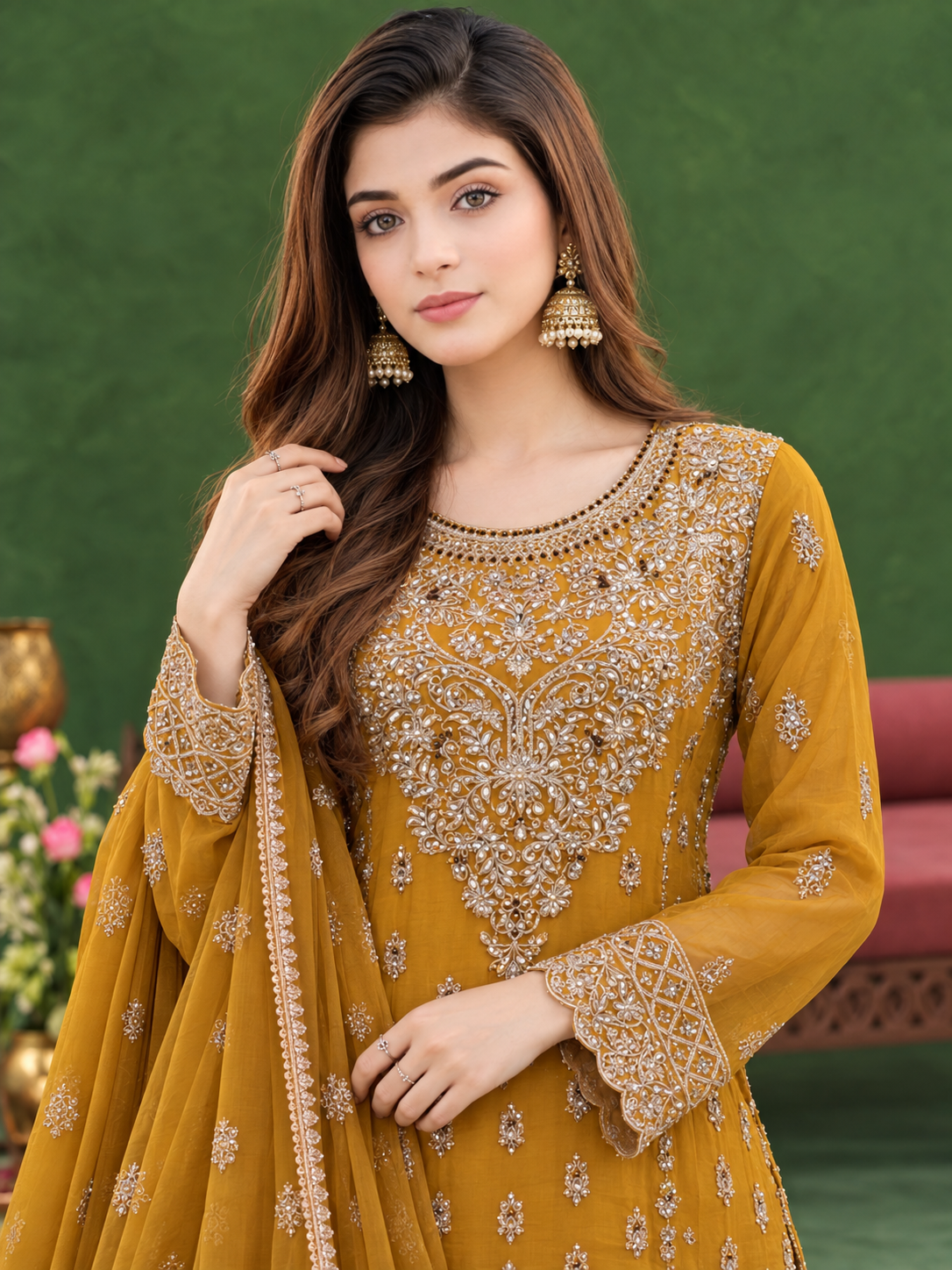 Chiffon Embroidered Gharara 3-Piece Suit - Mustard
