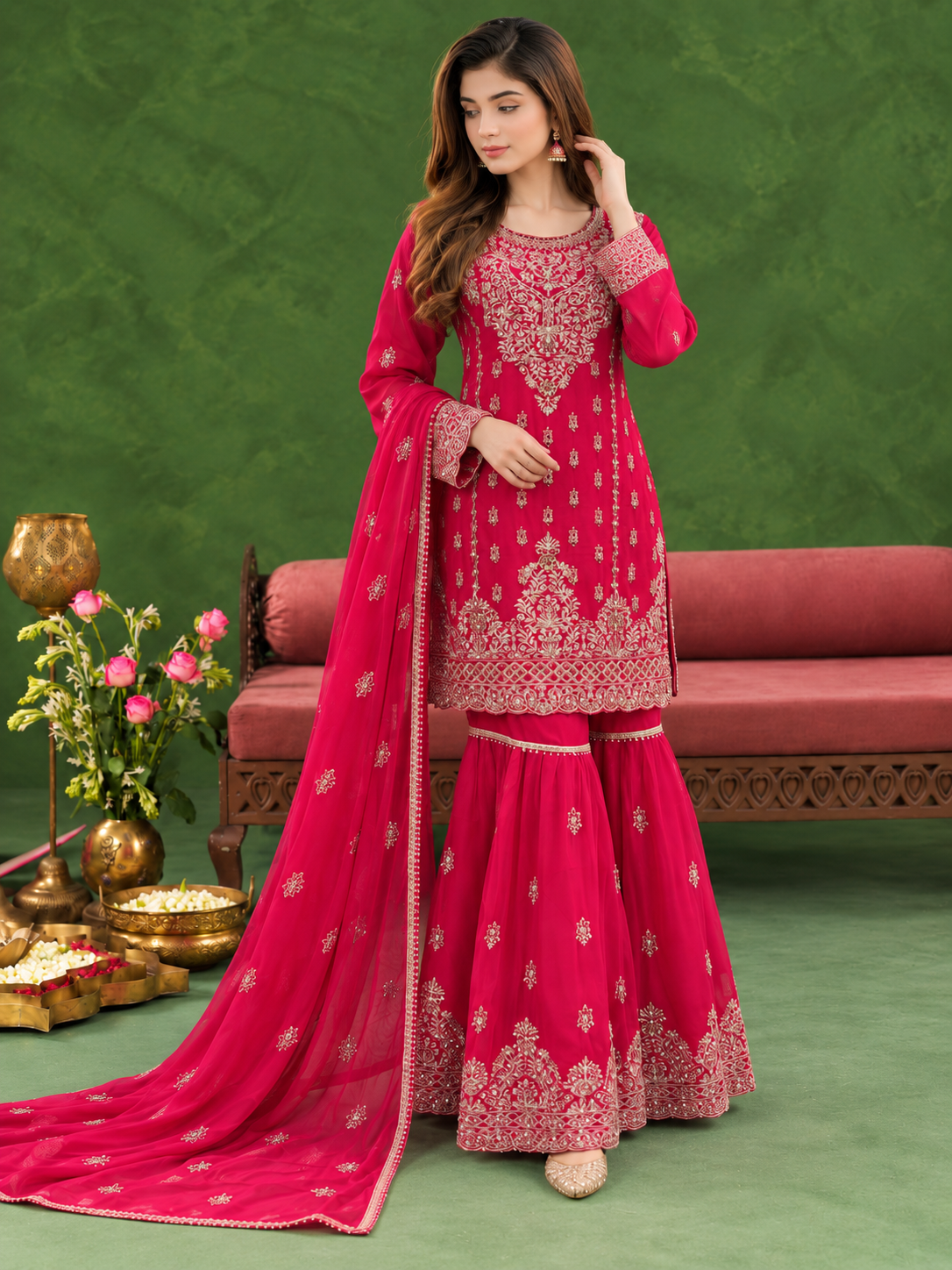 Chiffon Embroidered Gharara 3-Piece Suit - Hot Pink