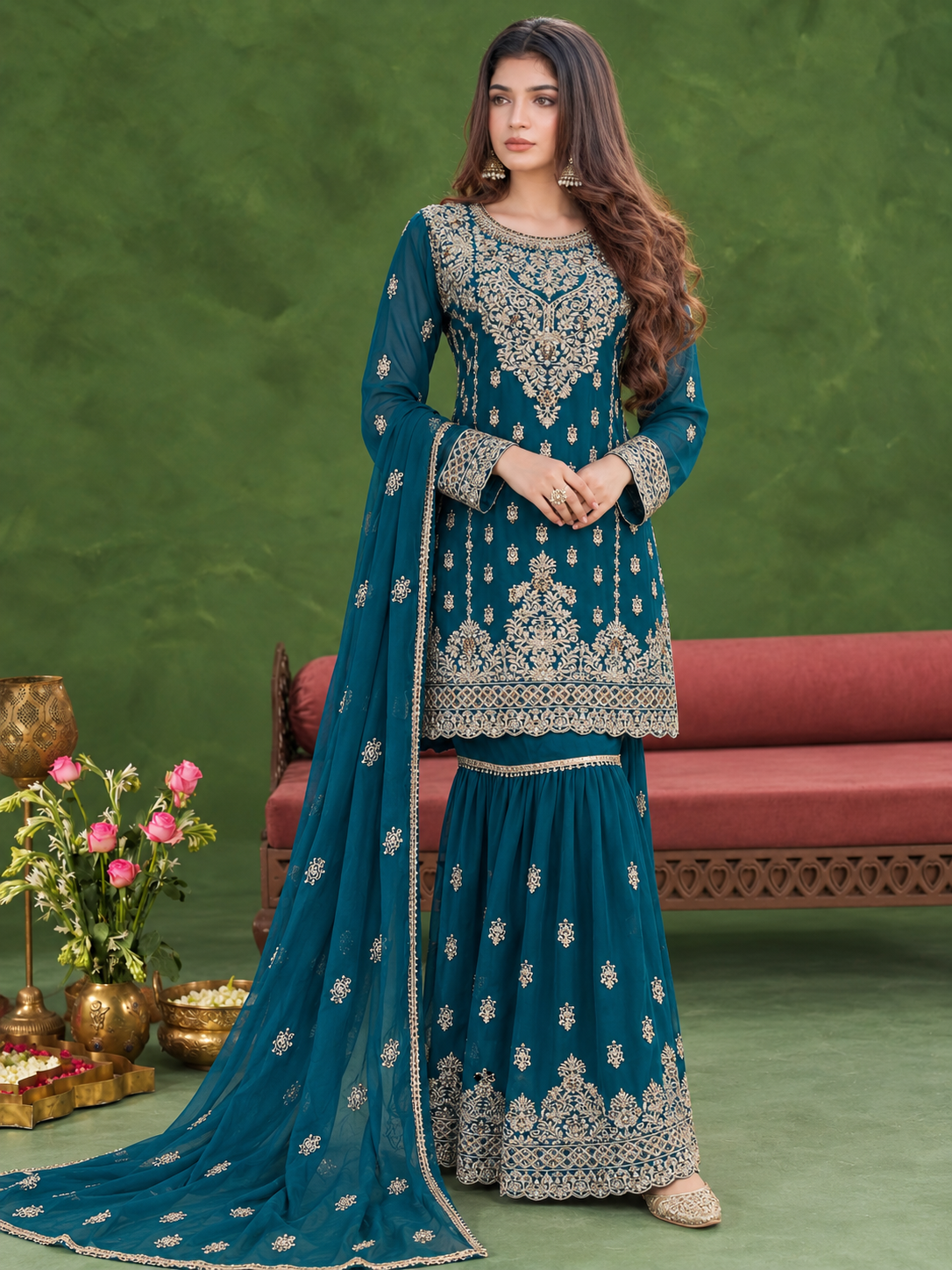 Chiffon Embroidered Gharara 3-Piece Suit - Teal