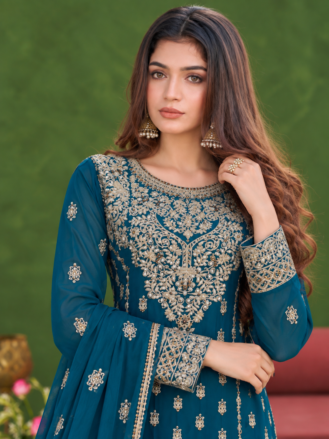 Chiffon Embroidered Gharara 3-Piece Suit - Teal