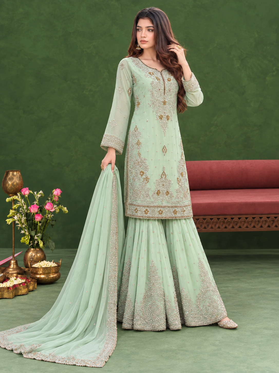 Chiffon Embroidered Gharara 3-Piece Suit - Mint Green