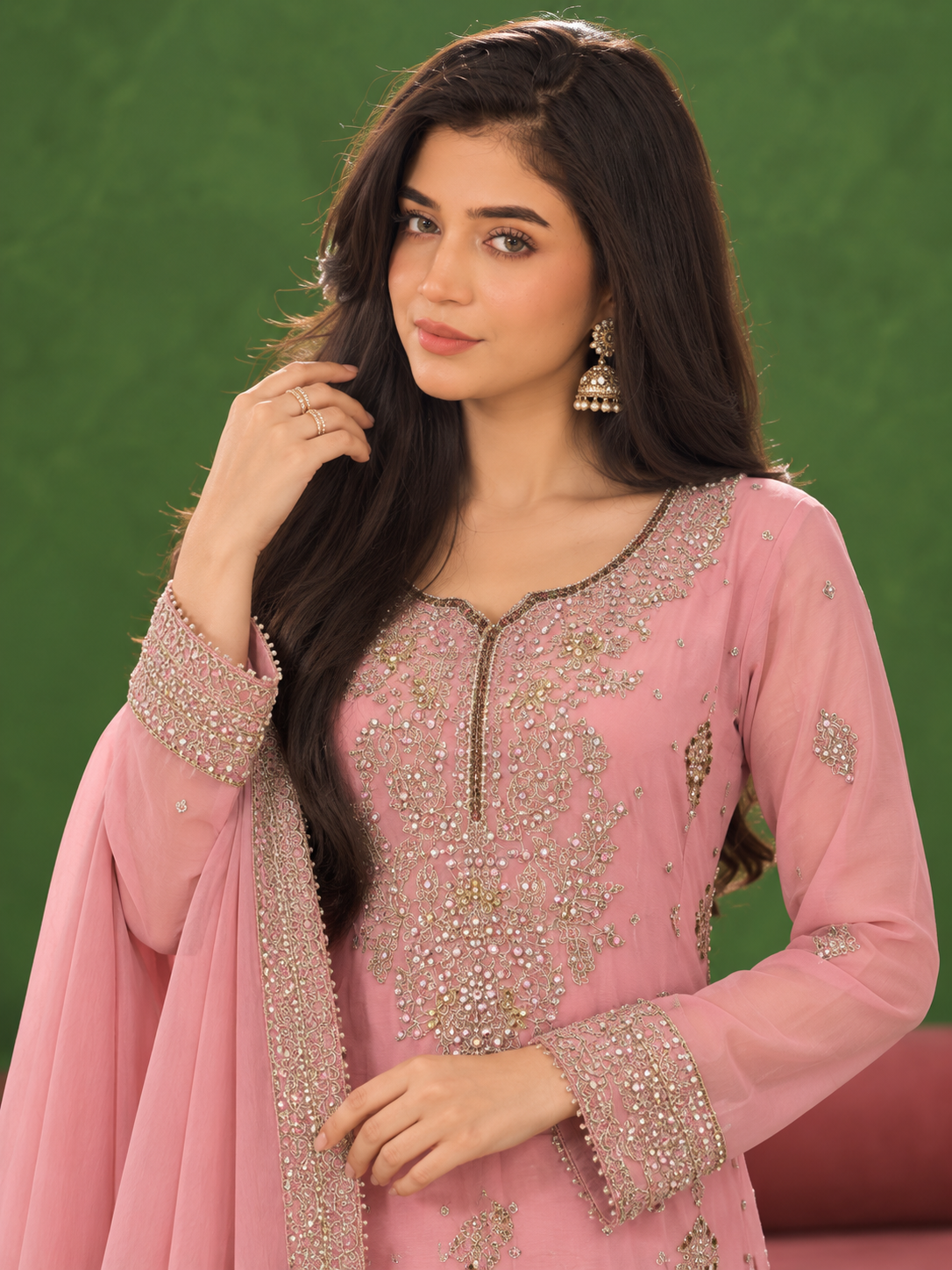 Chiffon Embroidered Gharara 3-Piece Suit - Dusky Pink
