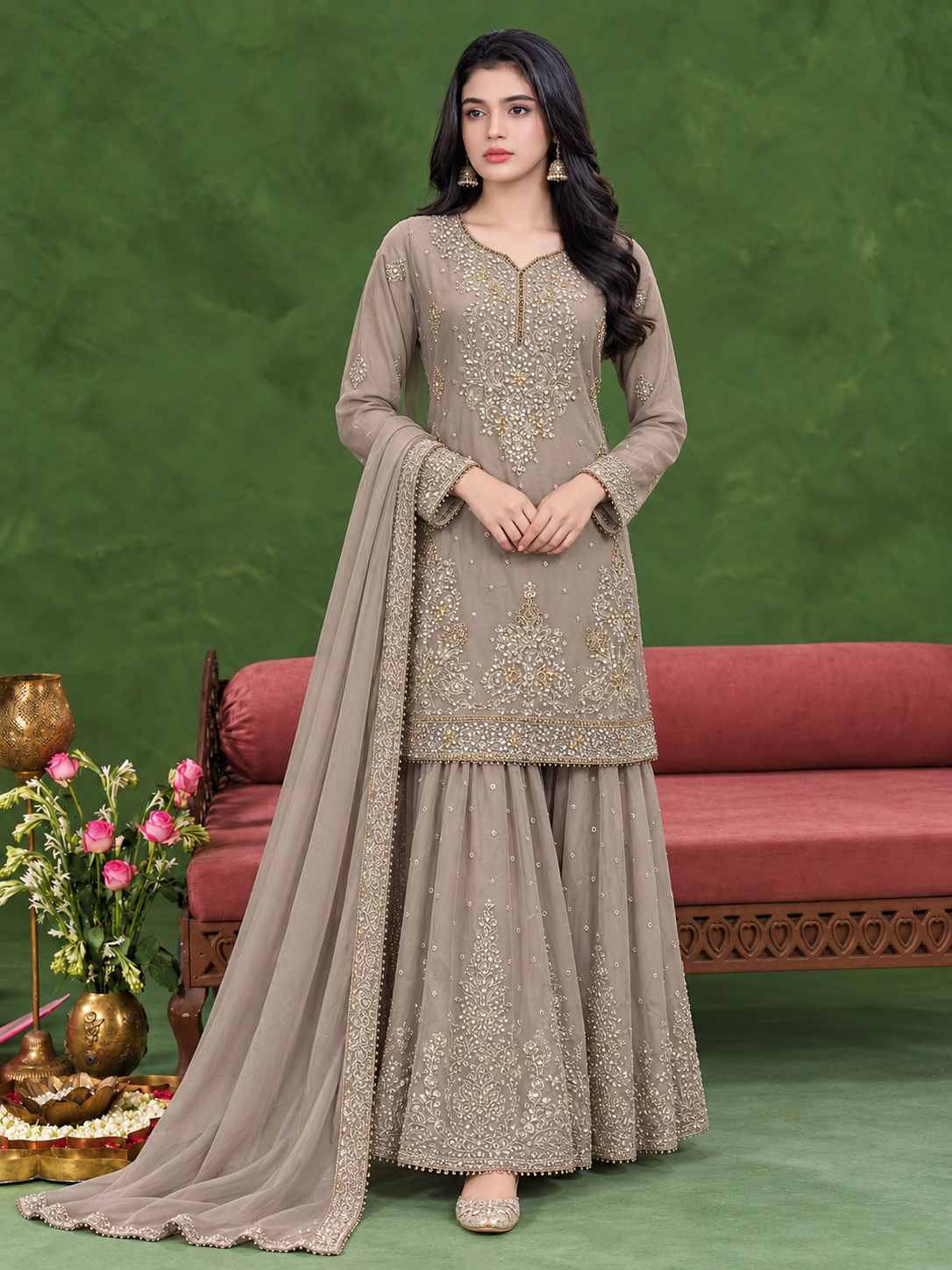 Chiffon Embroidered Gharara 3-Piece Suit - Grey-Brown
