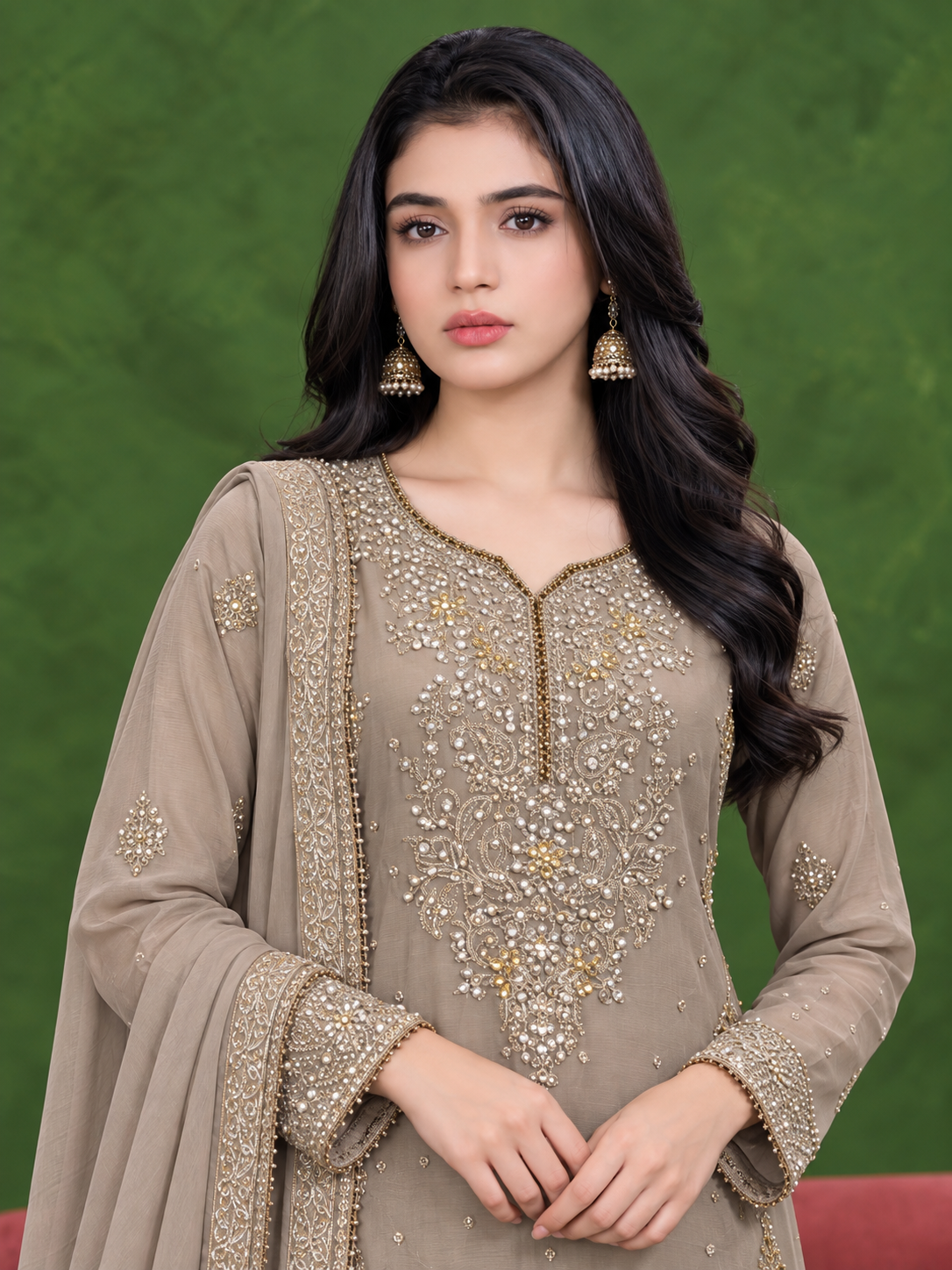 Chiffon Embroidered Gharara 3-Piece Suit - Grey-Brown