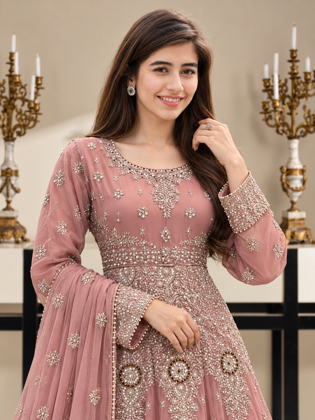 Luxury Embroidered Chiffon Long Frock 3pc Suit - Dusky Pink