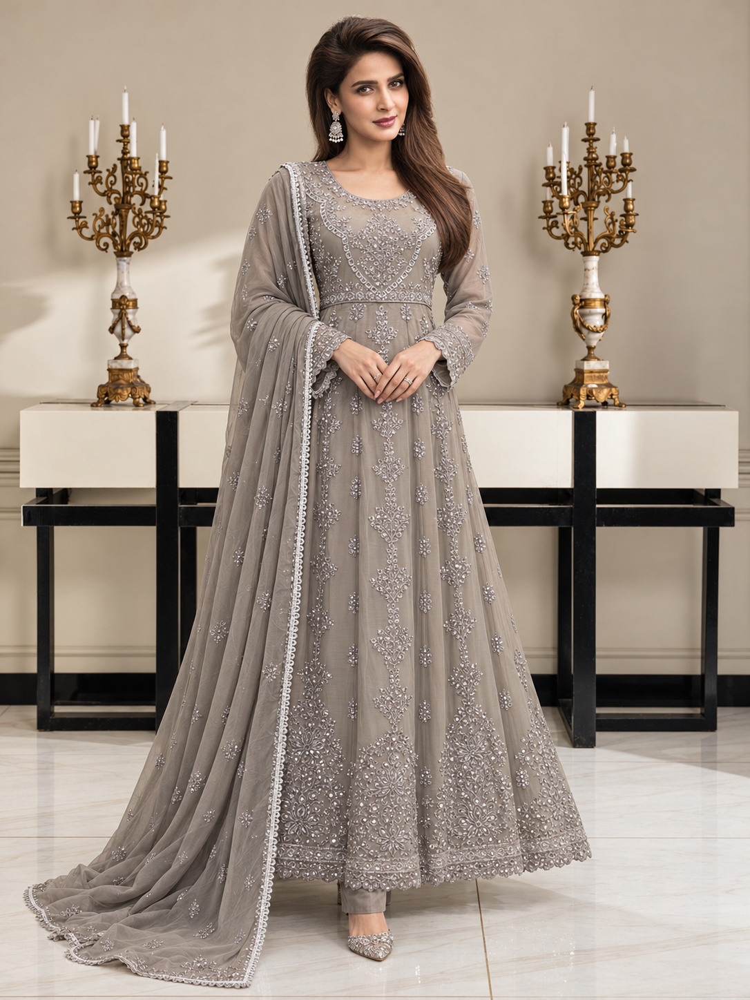 Luxury Sequin Embroidered Chiffon Long Frock 3pc Suit - Grey