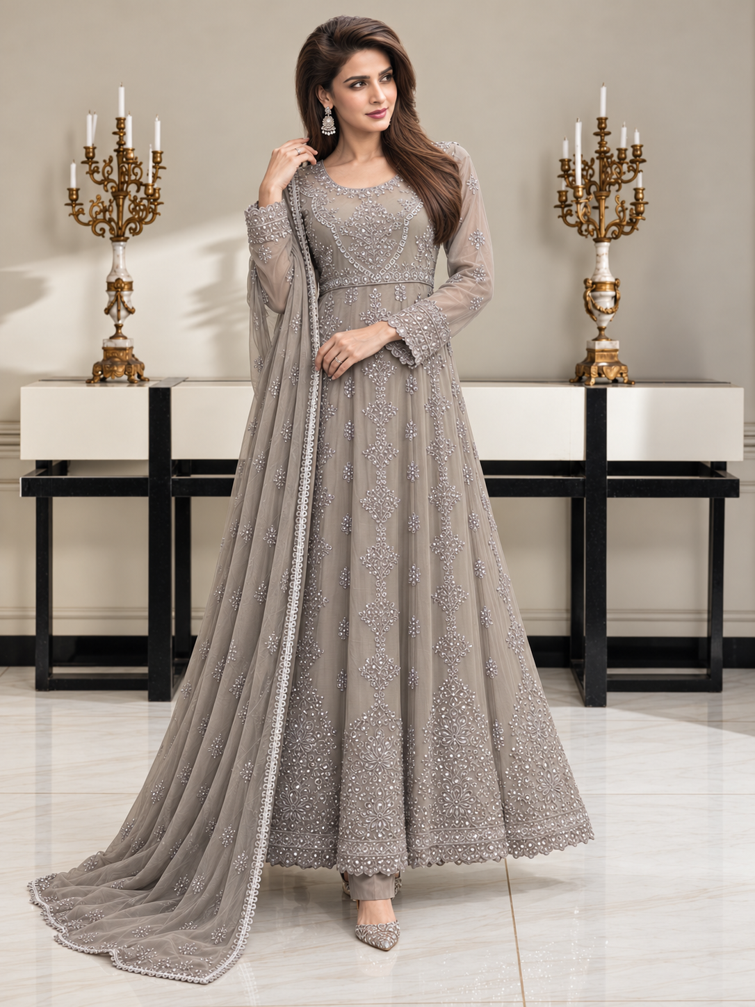 Luxury Sequin Embroidered Chiffon Long Frock 3pc Suit - Grey