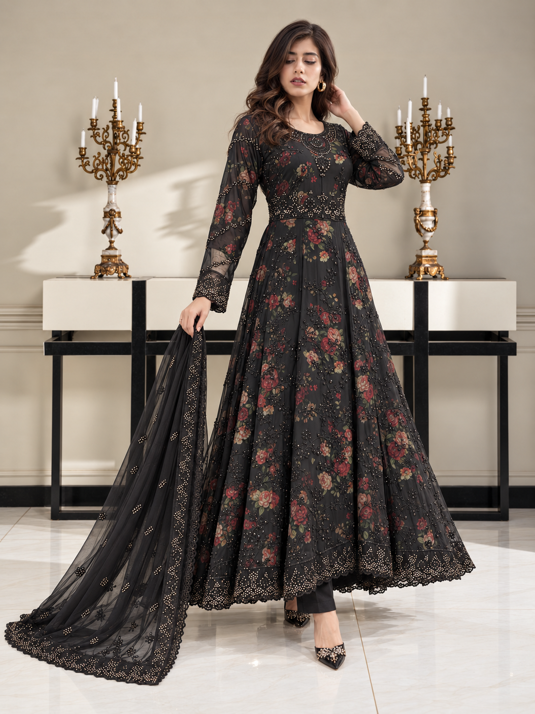 Luxury Embroidered Chiffon Long Frock Suit with Floral Print - Black