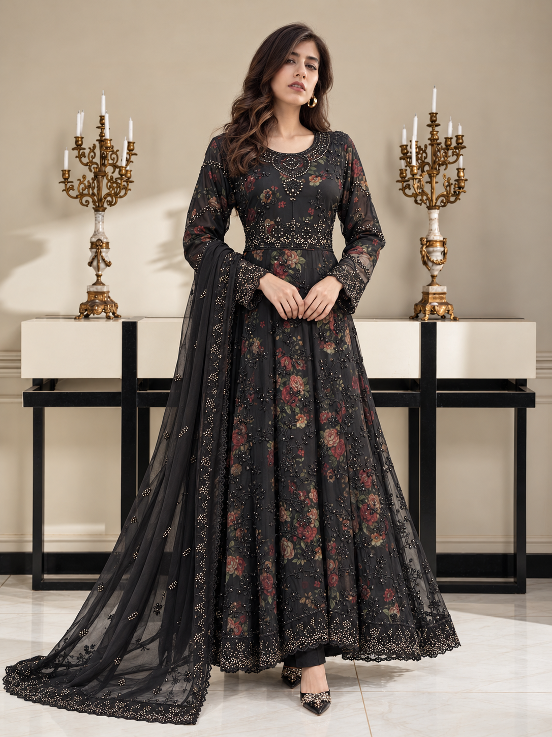 Luxury Embroidered Chiffon Long Frock Suit with Floral Print - Black