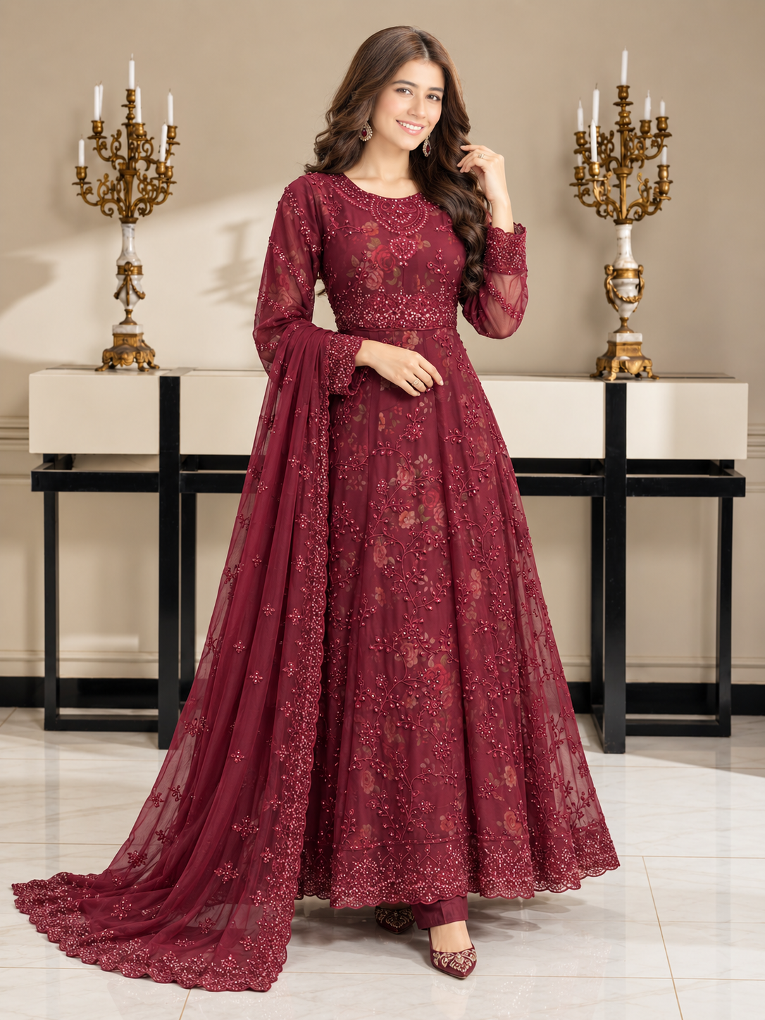 Luxury Embroidered Chiffon Long Frock Suit with Floral Print - Maroon