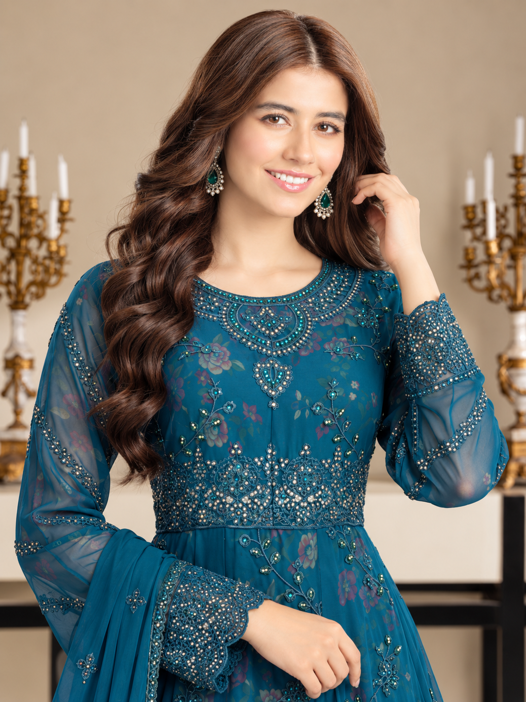 Luxury Embroidered Chiffon Long Frock Suit with Floral Print - Teal