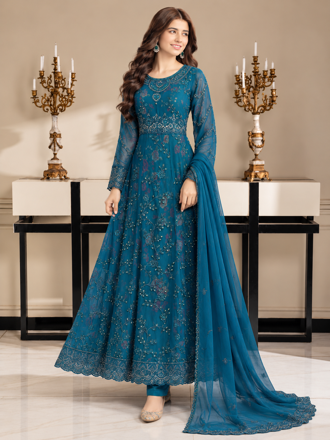 Luxury Embroidered Chiffon Long Frock Suit with Floral Print - Teal