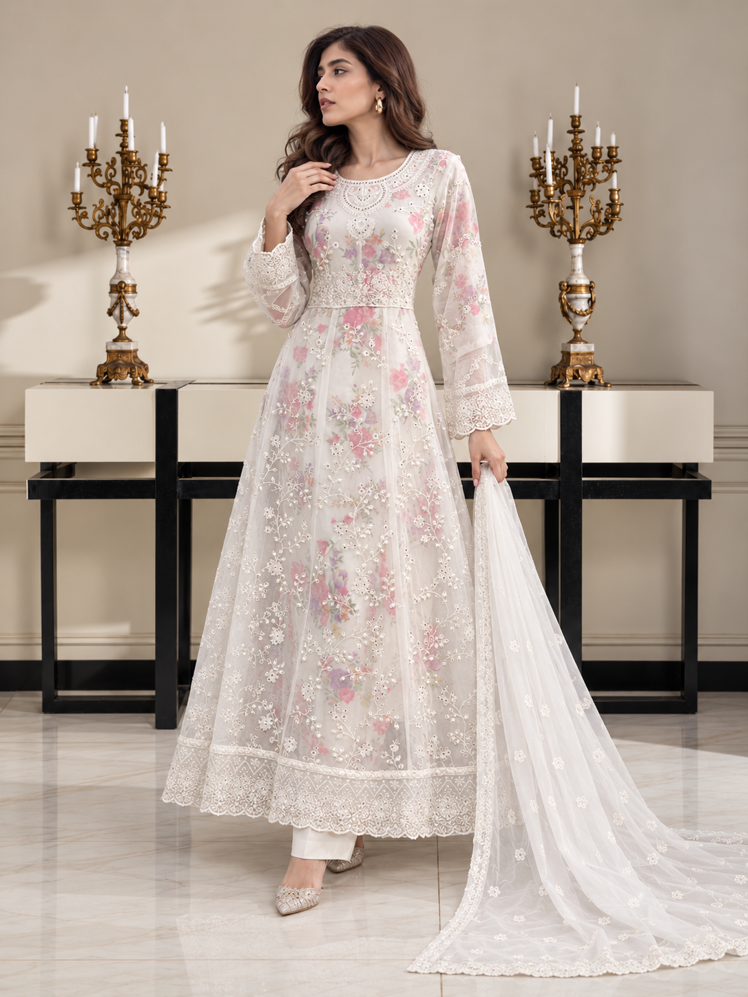 Luxury Embroidered Chiffon Long Frock Suit with Floral Print - White