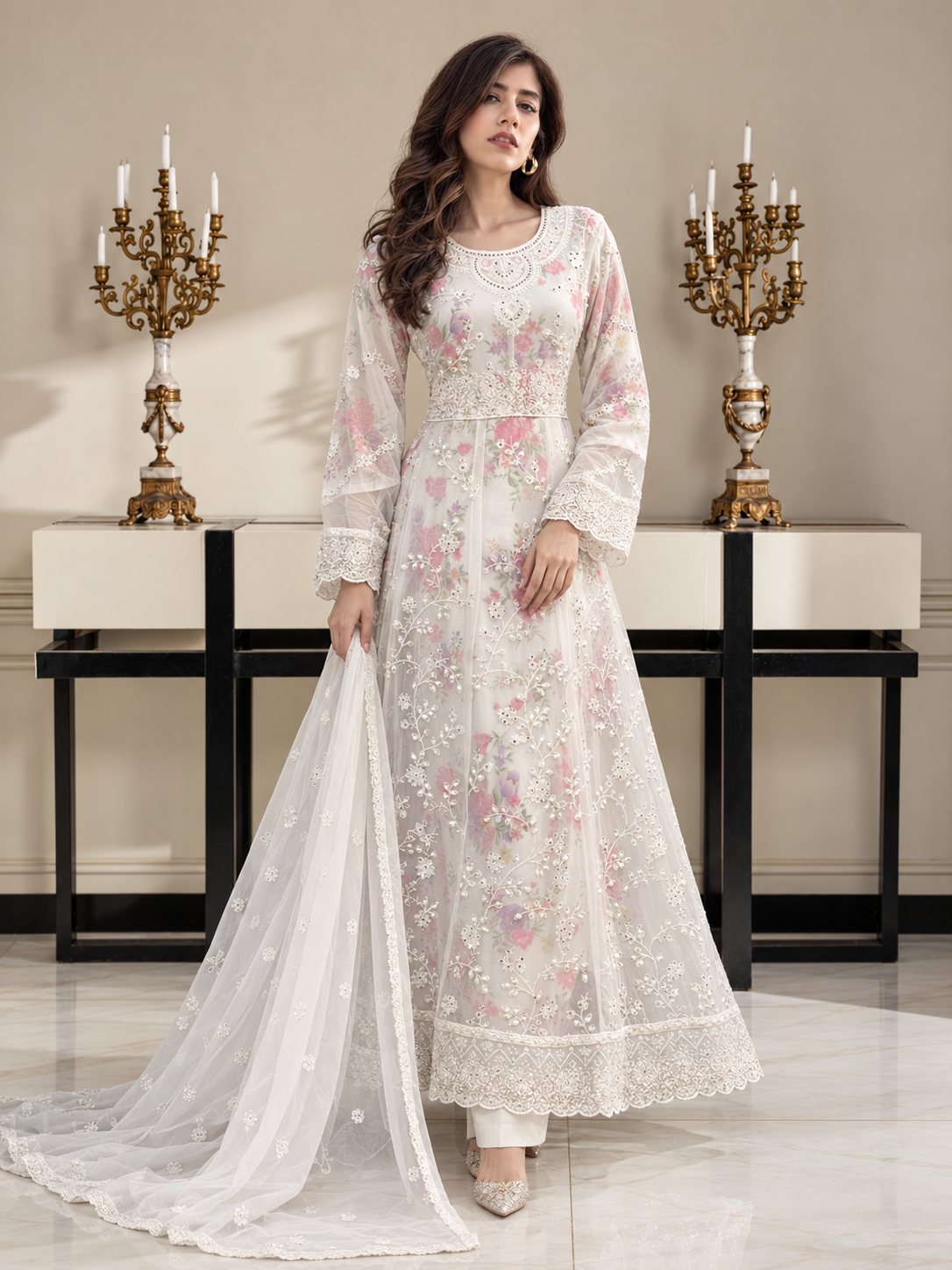 Luxury Embroidered Chiffon Long Frock Suit with Floral Print - White