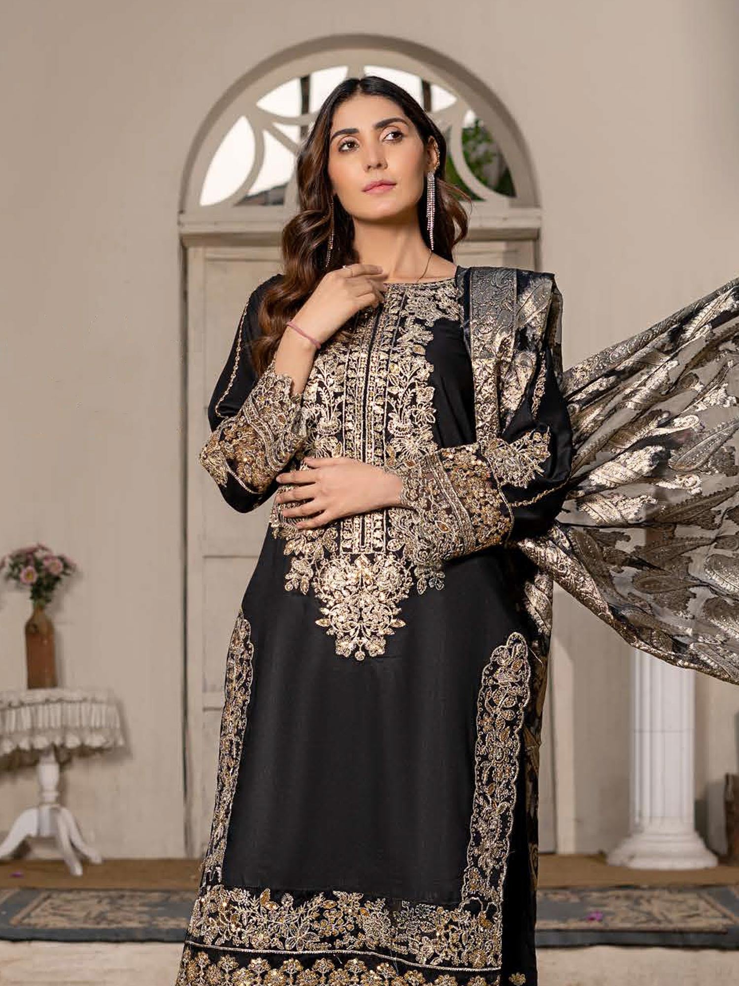 Rangz "Sana" Embroidered Linen 3pc Suit - Black