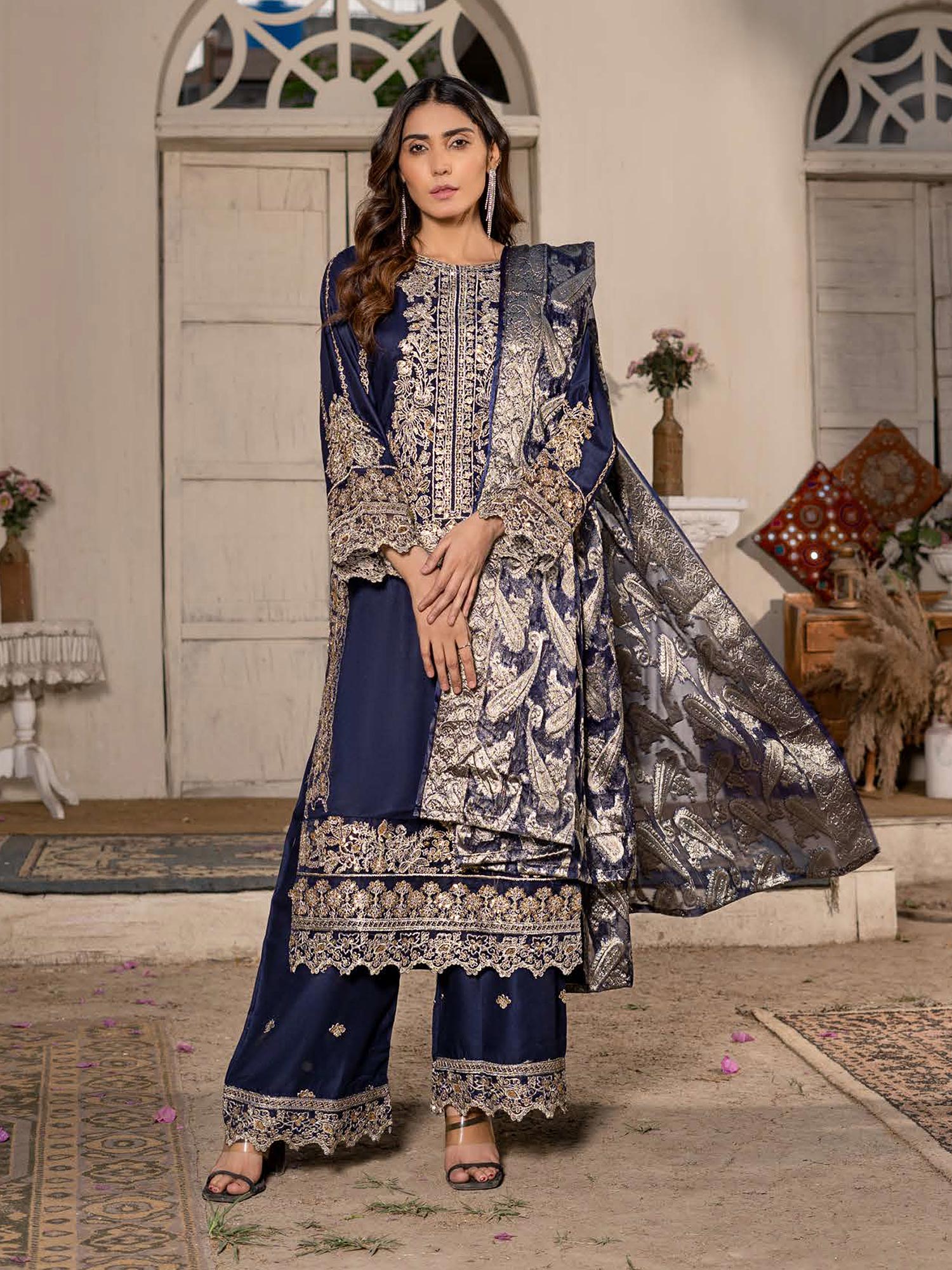 Rangz "Sana" Embroidered Linen 3pc Suit - Navy