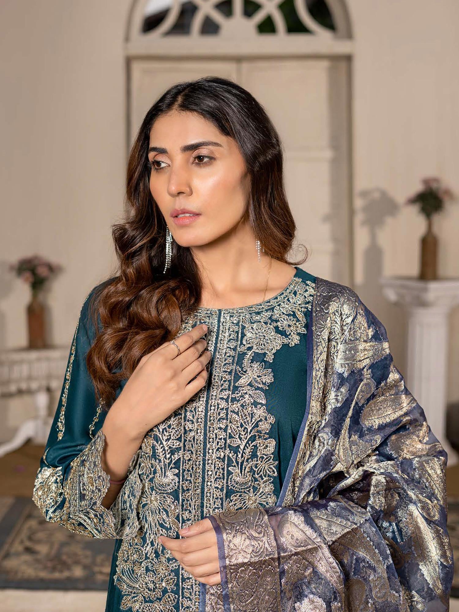 Rangz "Sana" Embroidered Linen 3pc Suit - Teal