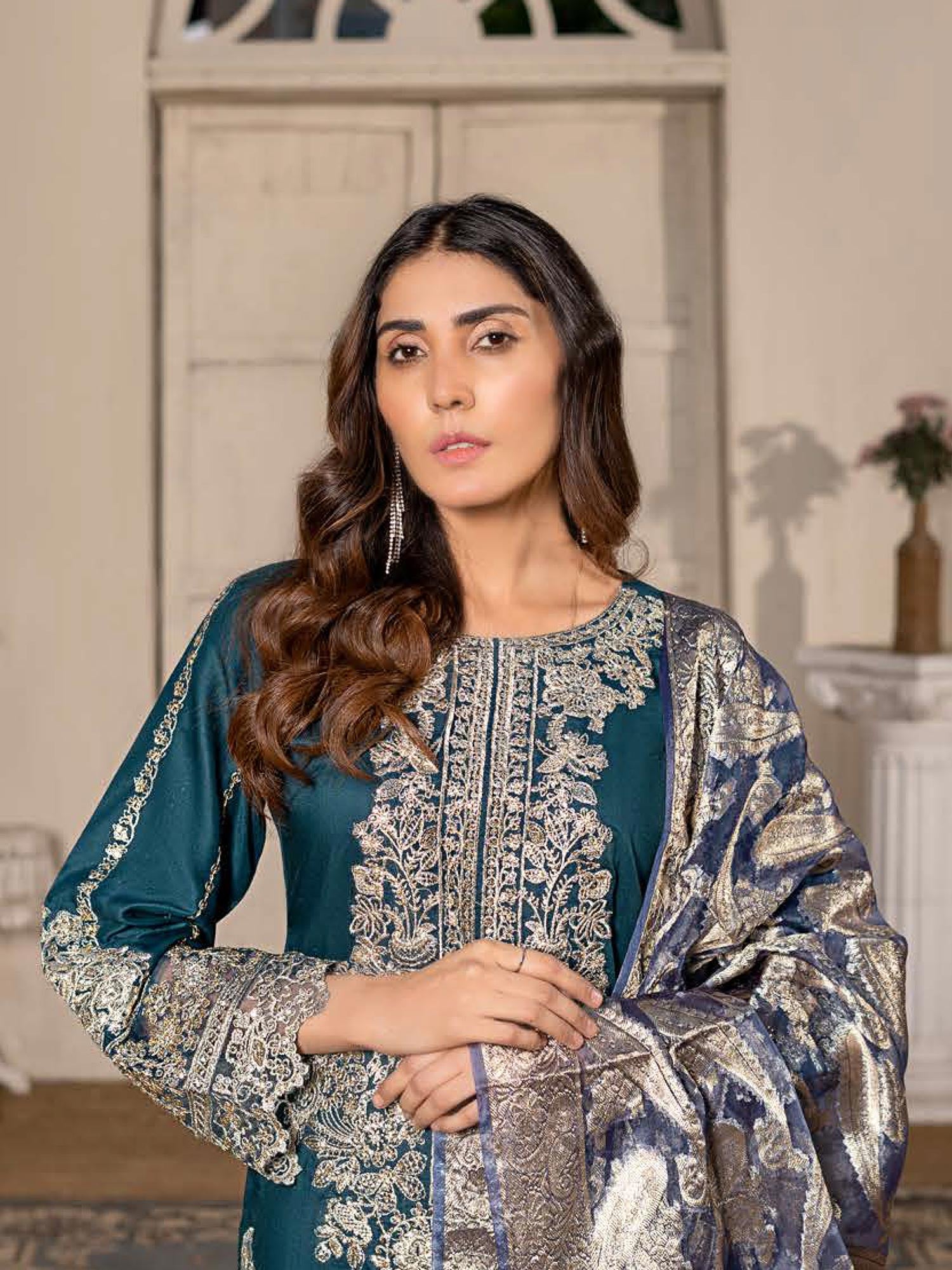 Rangz "Sana" Embroidered Linen 3pc Suit - Teal