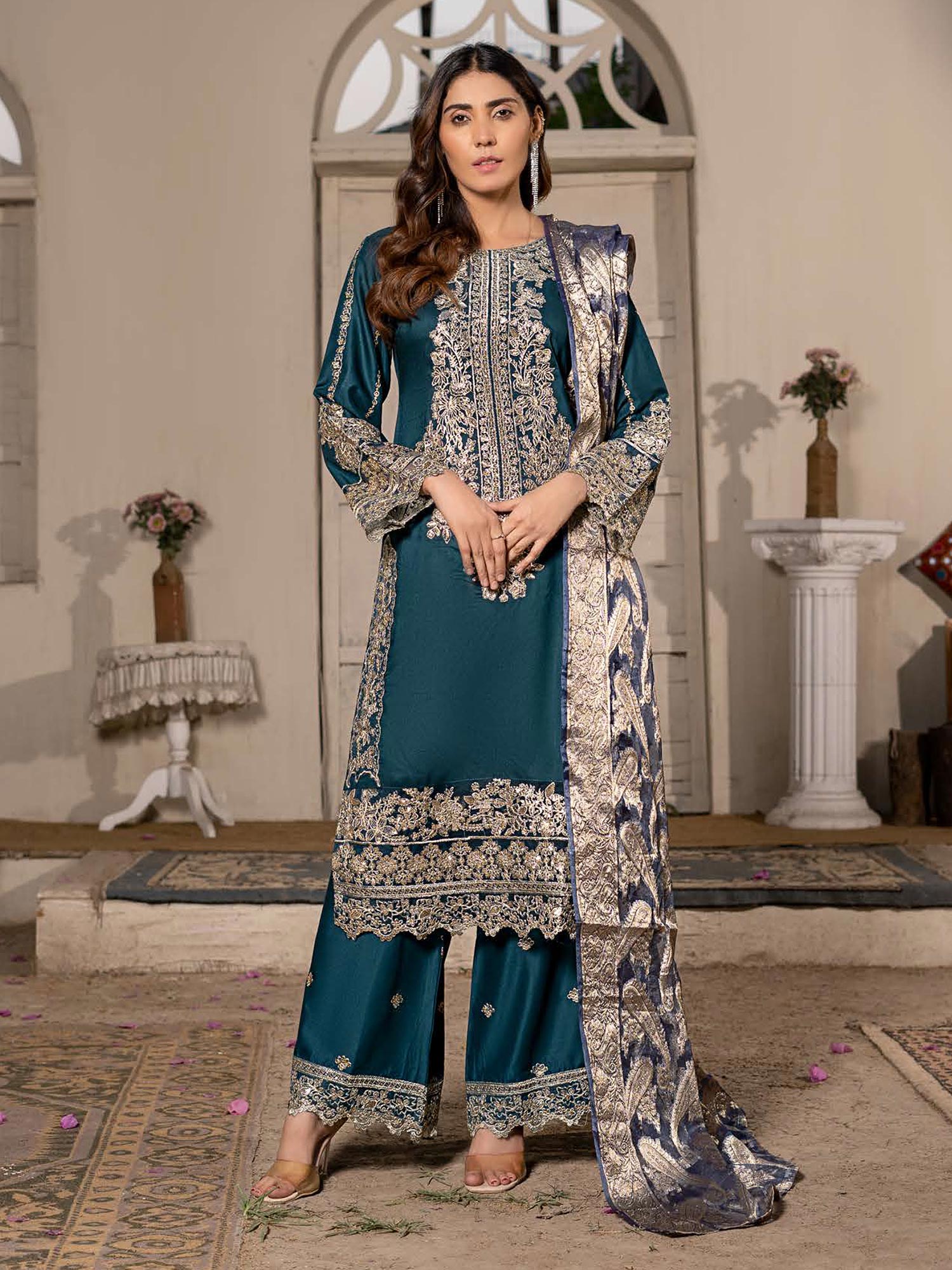Rangz "Sana" Embroidered Linen 3pc Suit - Teal