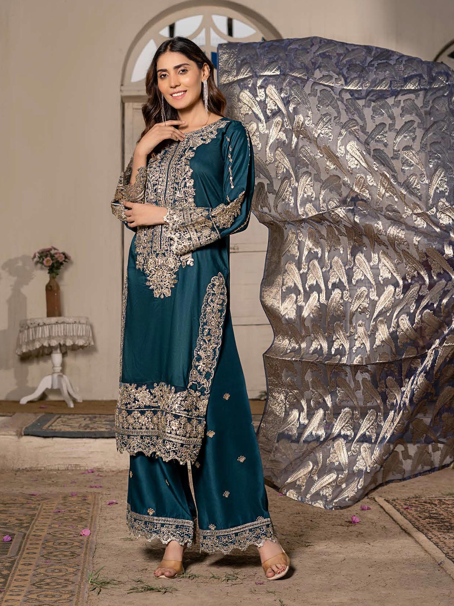 Rangz "Sana" Embroidered Linen 3pc Suit - Teal