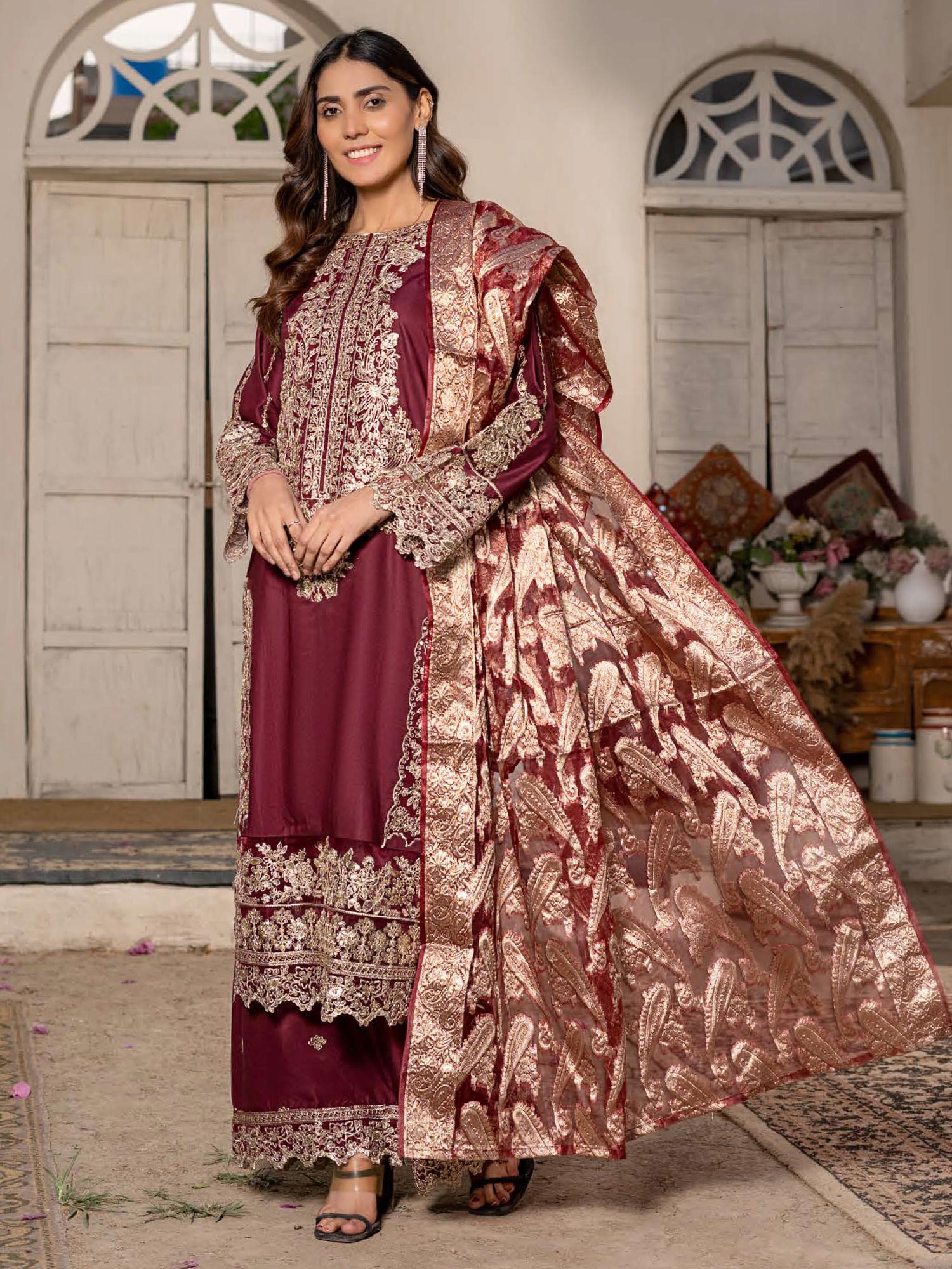 Rangz "Sana" Embroidered Linen 3pc Suit - Maroon