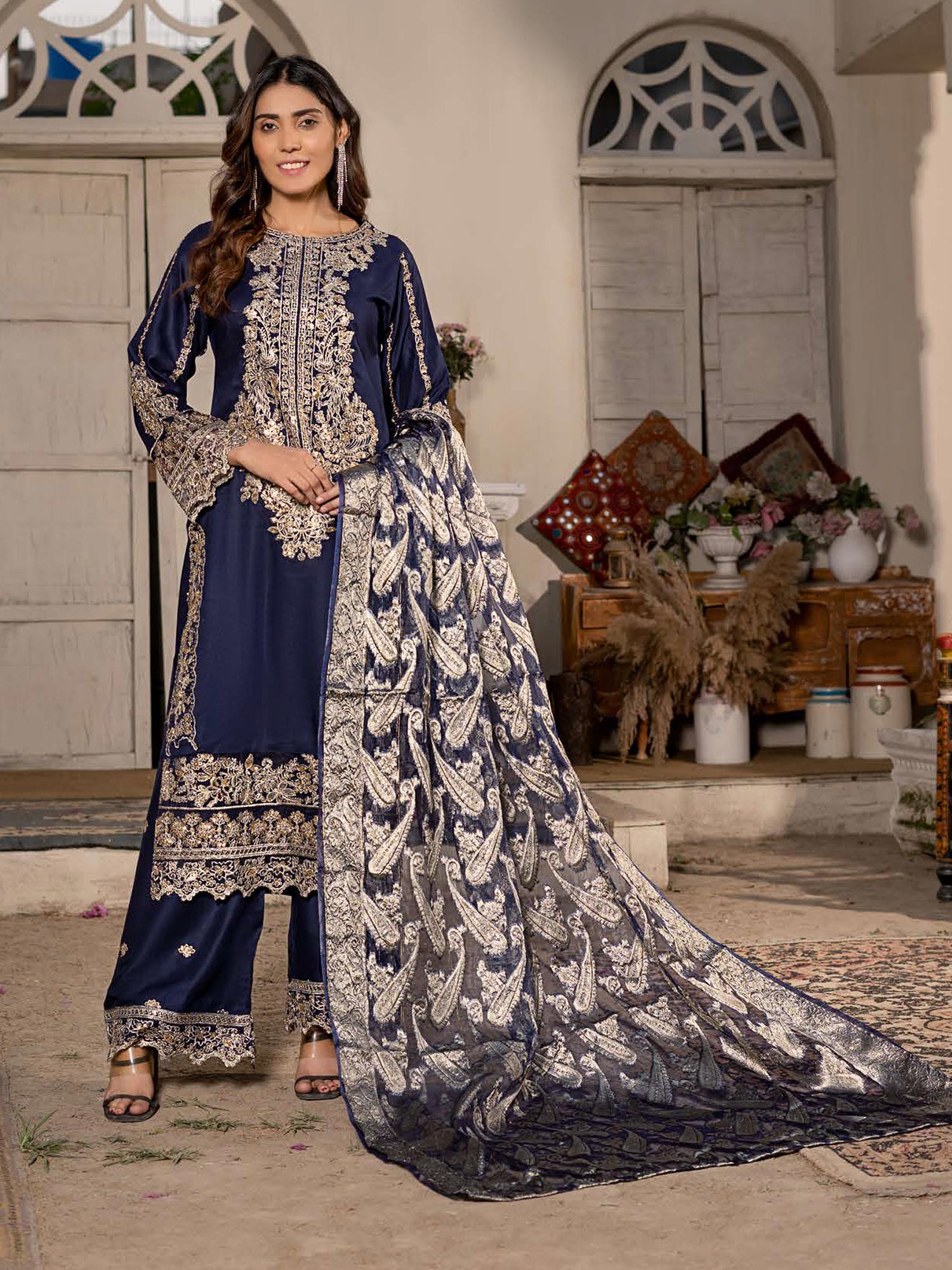 Rangz "Sana" Embroidered Linen 3pc Suit - Navy