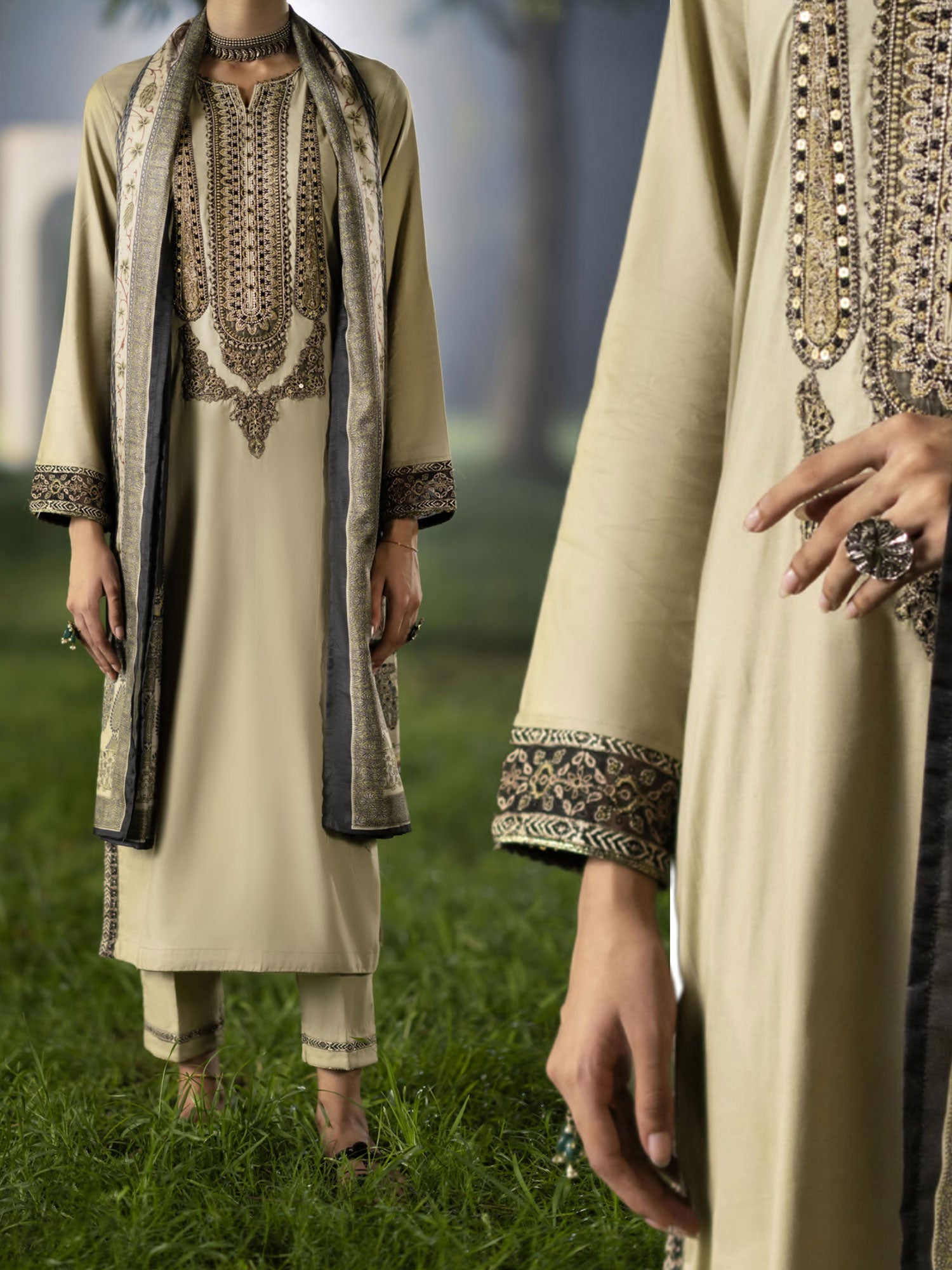 Casual Lite "Shanasai" Embroidered Winter Linen Suit - Beige-Green