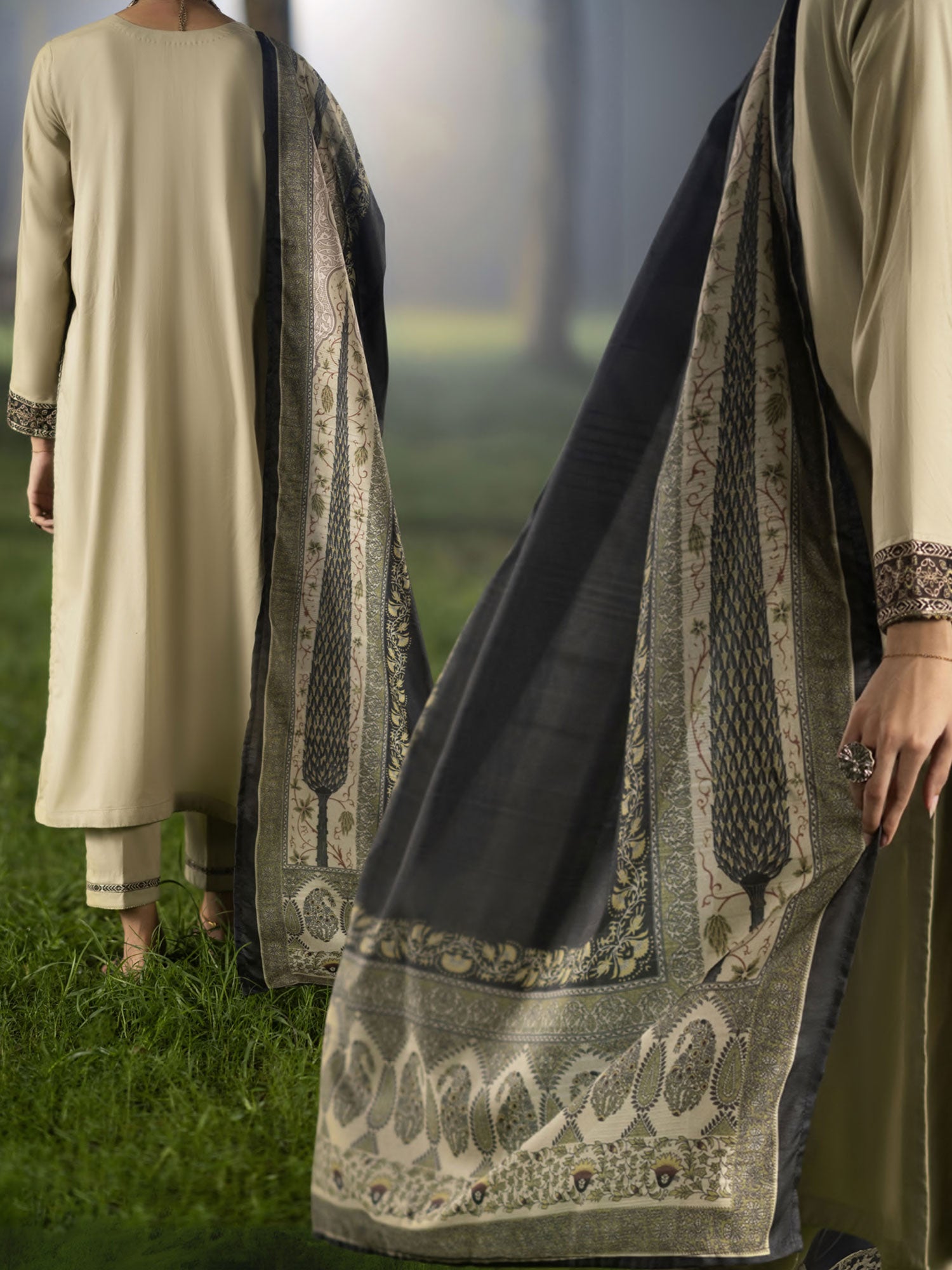 Casual Lite "Shanasai" Embroidered Winter Linen Suit - Beige-Green