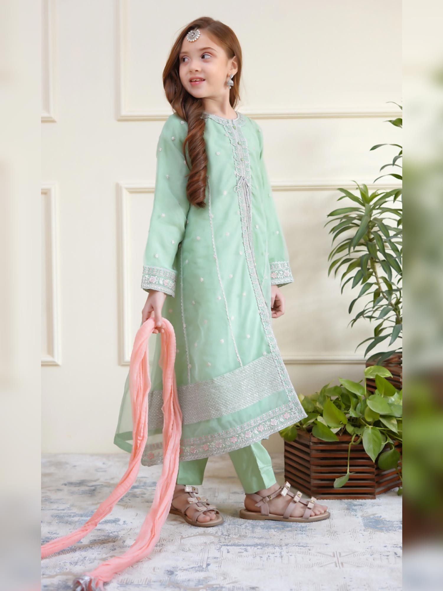 Kids Embroidered Organza 3-Piece Suit - Mint Green