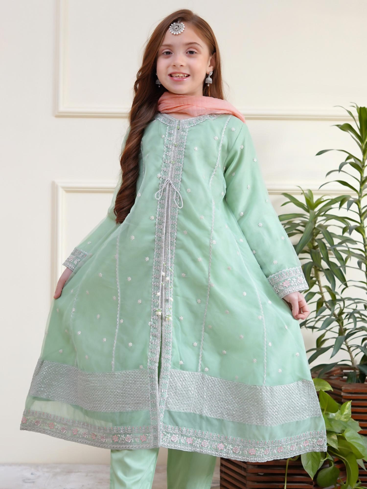 Kids Embroidered Organza 3-Piece Suit - Mint Green