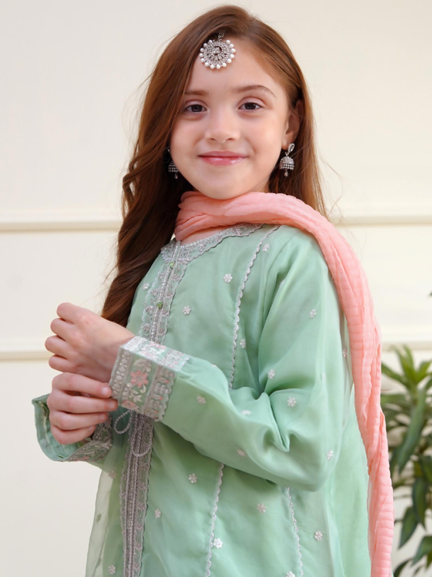 Kids Embroidered Organza 3-Piece Suit - Mint Green