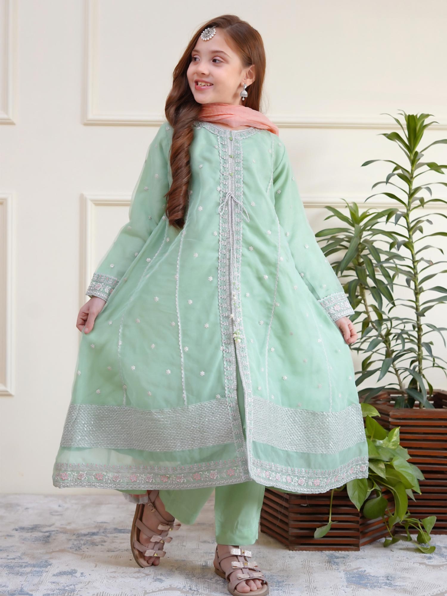 Kids Embroidered Organza 3-Piece Suit - Mint Green