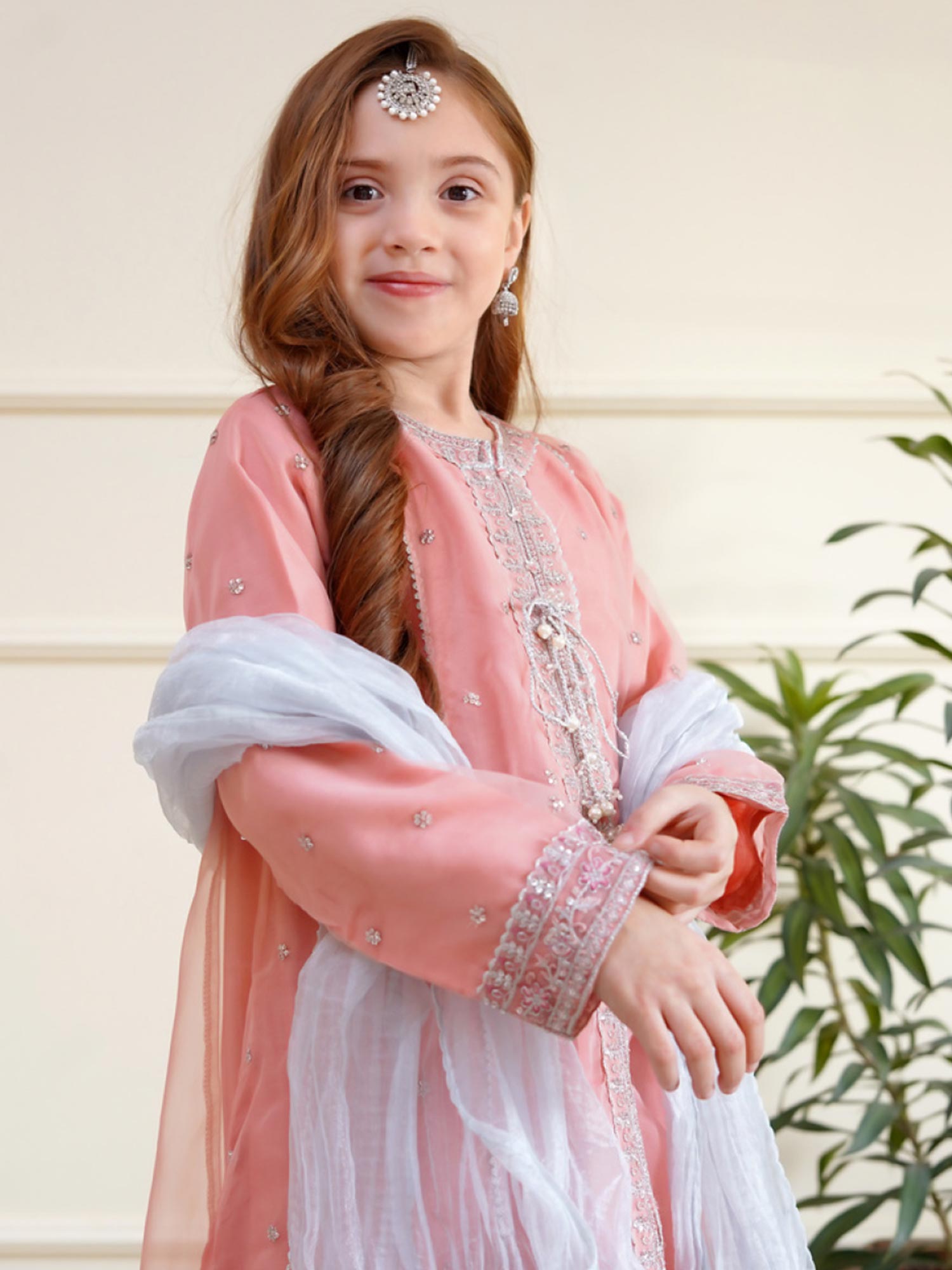 Kids Embroidered Organza 3-Piece Suit - Peach