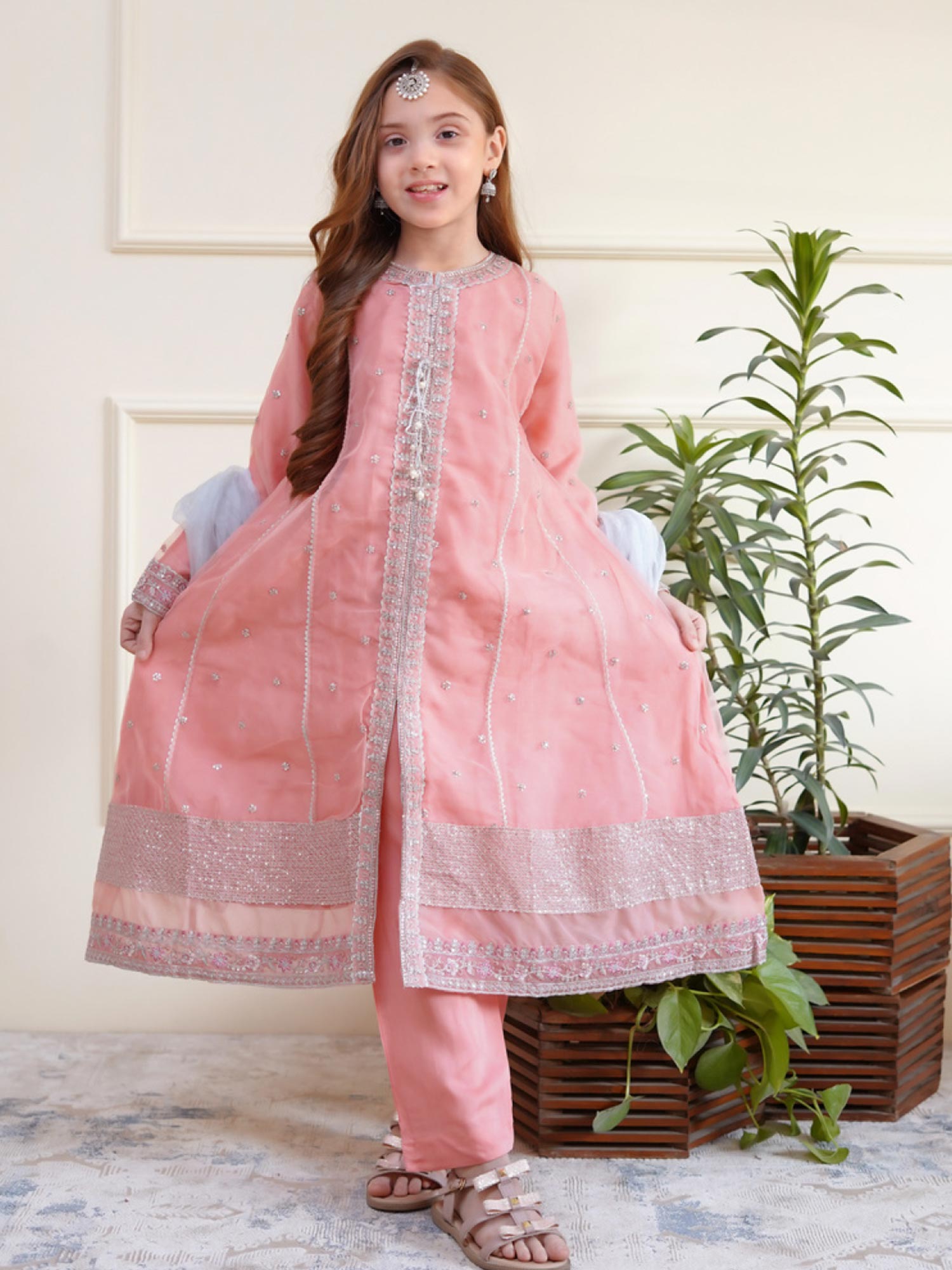 Kids Embroidered Organza 3-Piece Suit - Peach